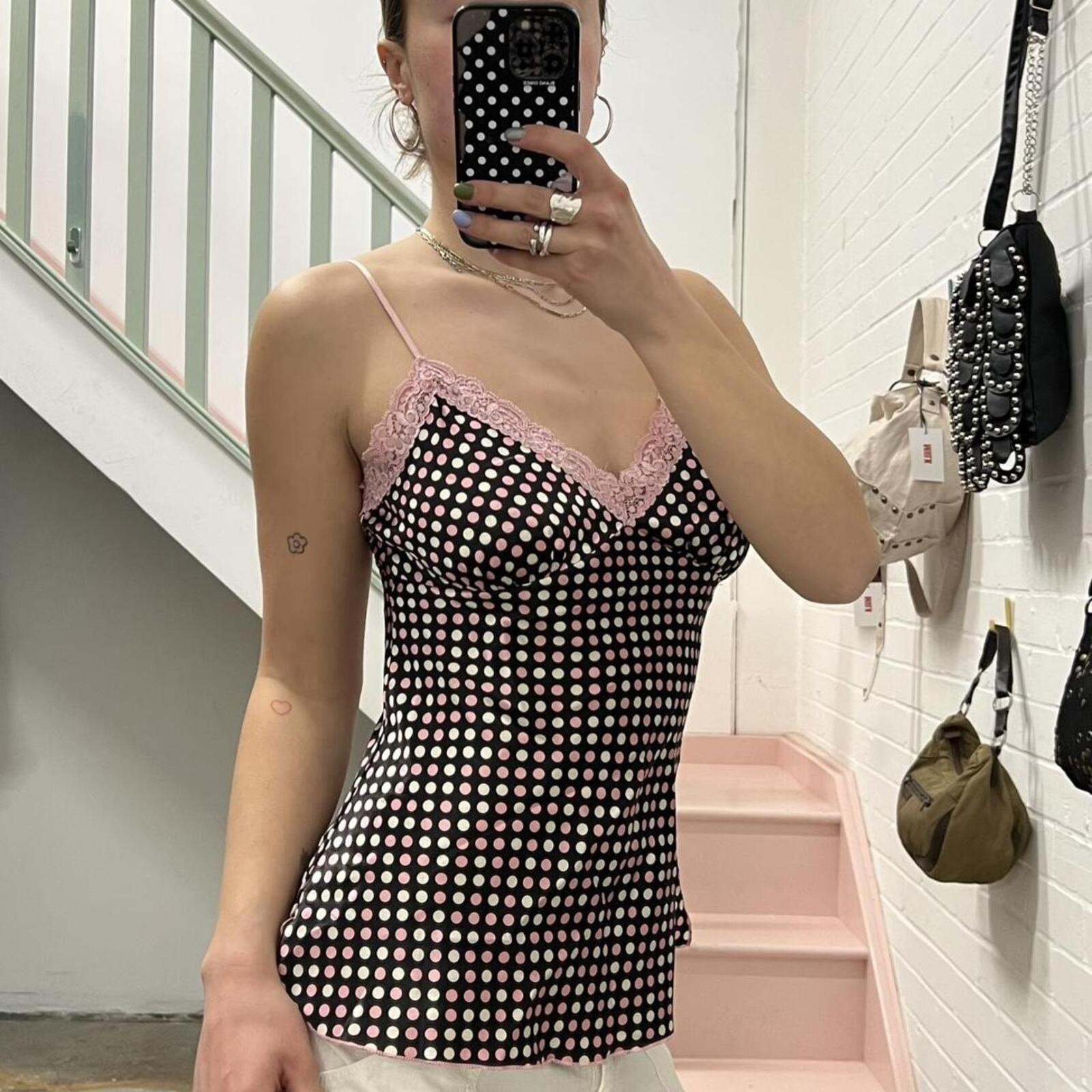 black pink and white satin polka dot lace trim vintage cami