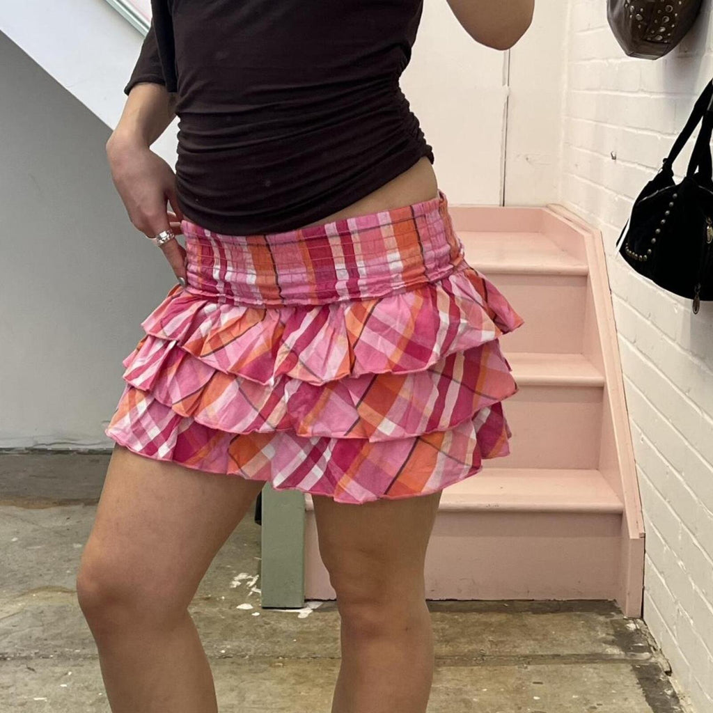 pink gingham ruffle frilly mini skirt with foldable waist