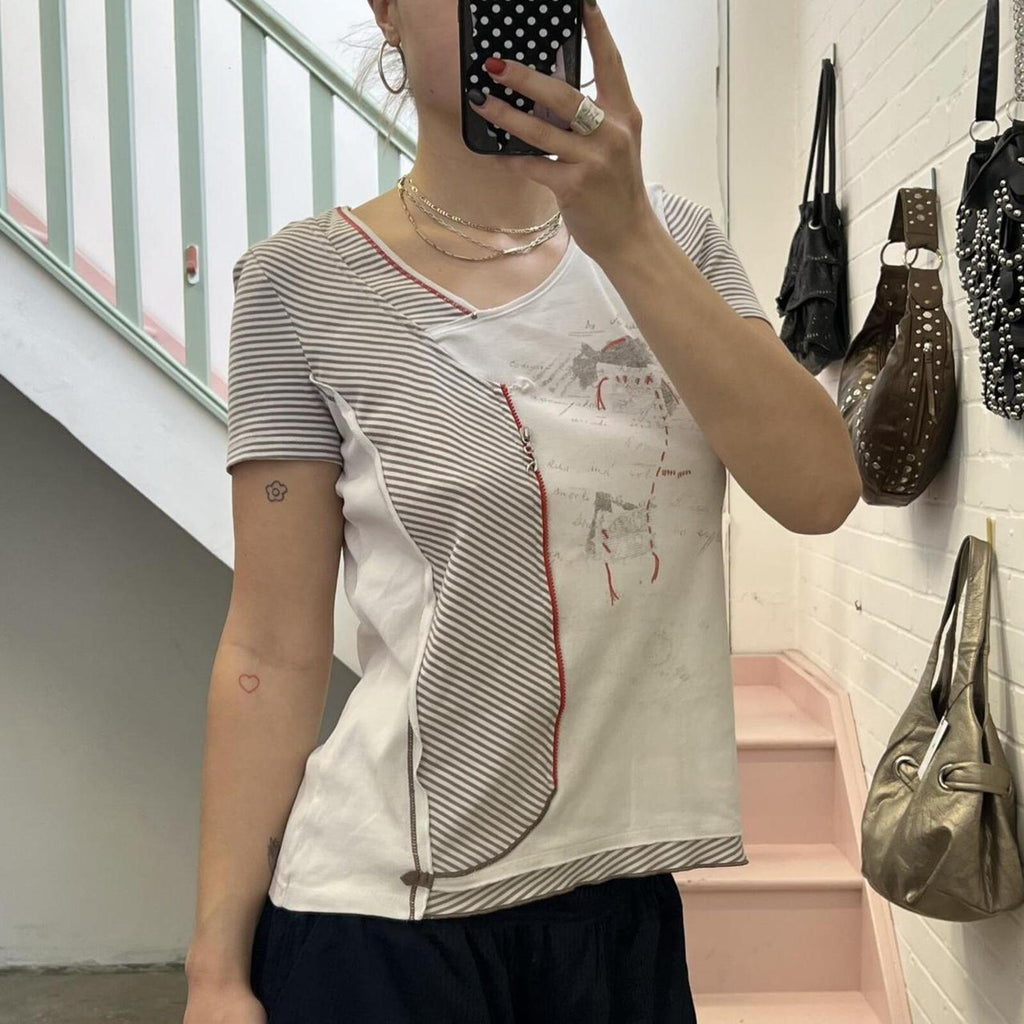 white and red graphic print vintage short sleeve archival top