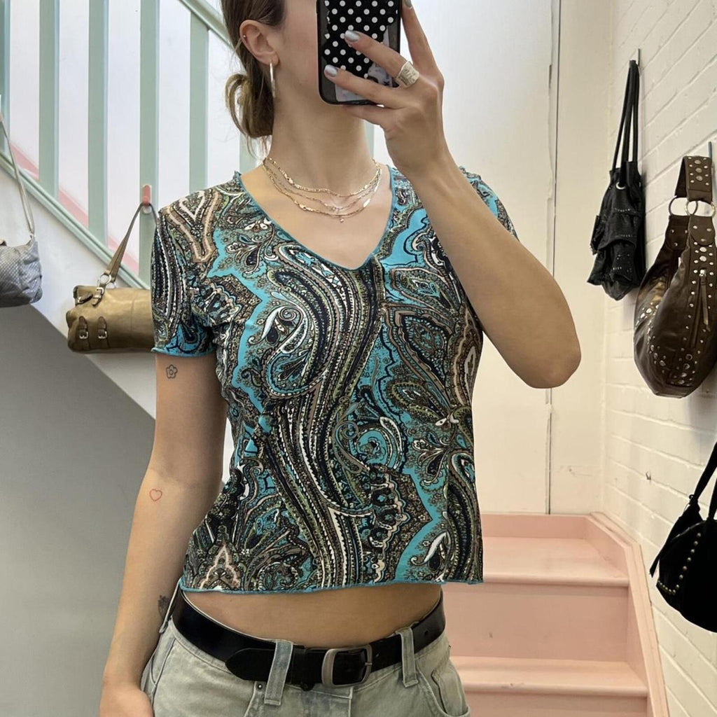 Blue and brown paisley printed v neck vintage baby tee