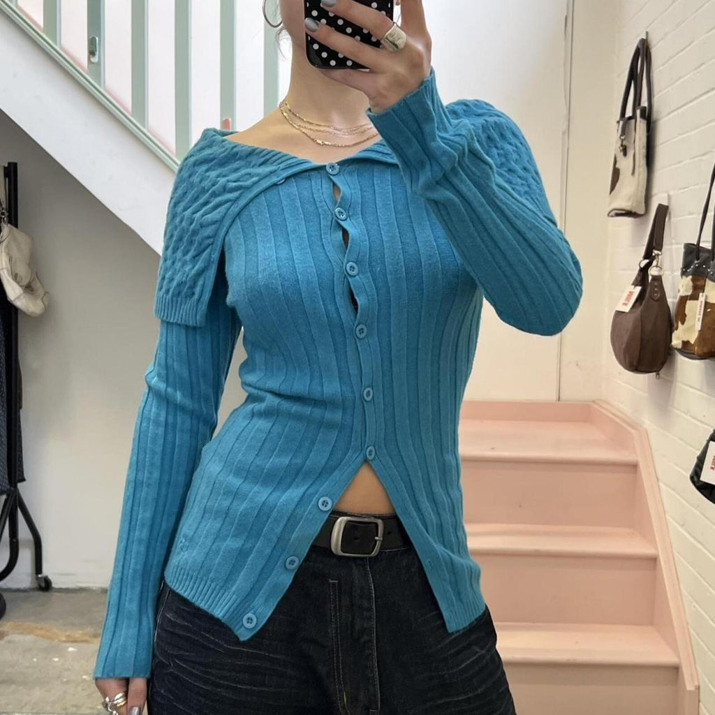 blue knitted off shoulder button up cashmere blend sweater
