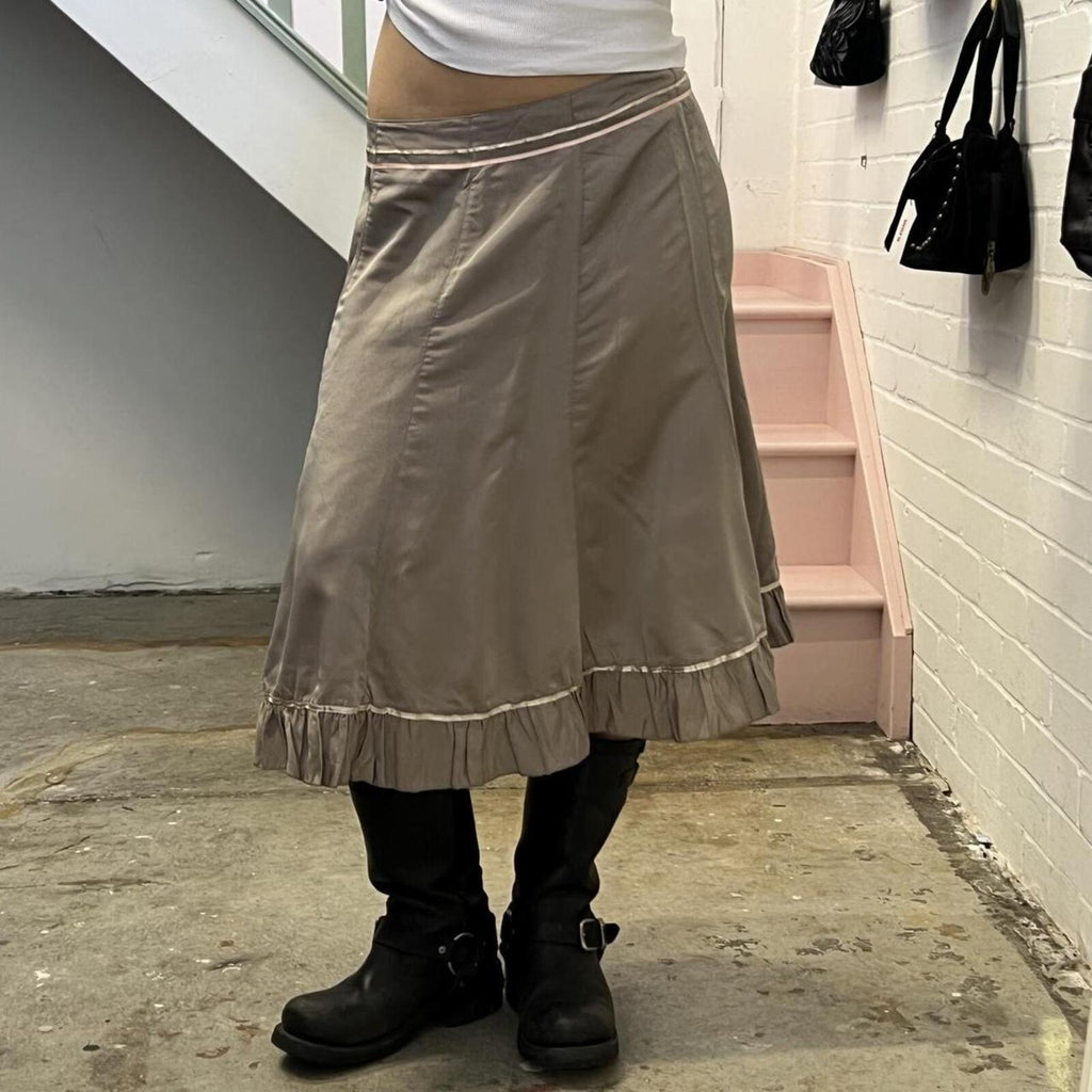 Cream beige satin floaty vintage midi skirt with stripe trim