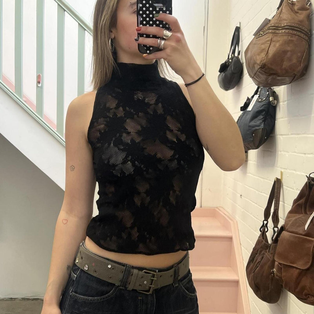 Black sheer lace high neck vintage vest top