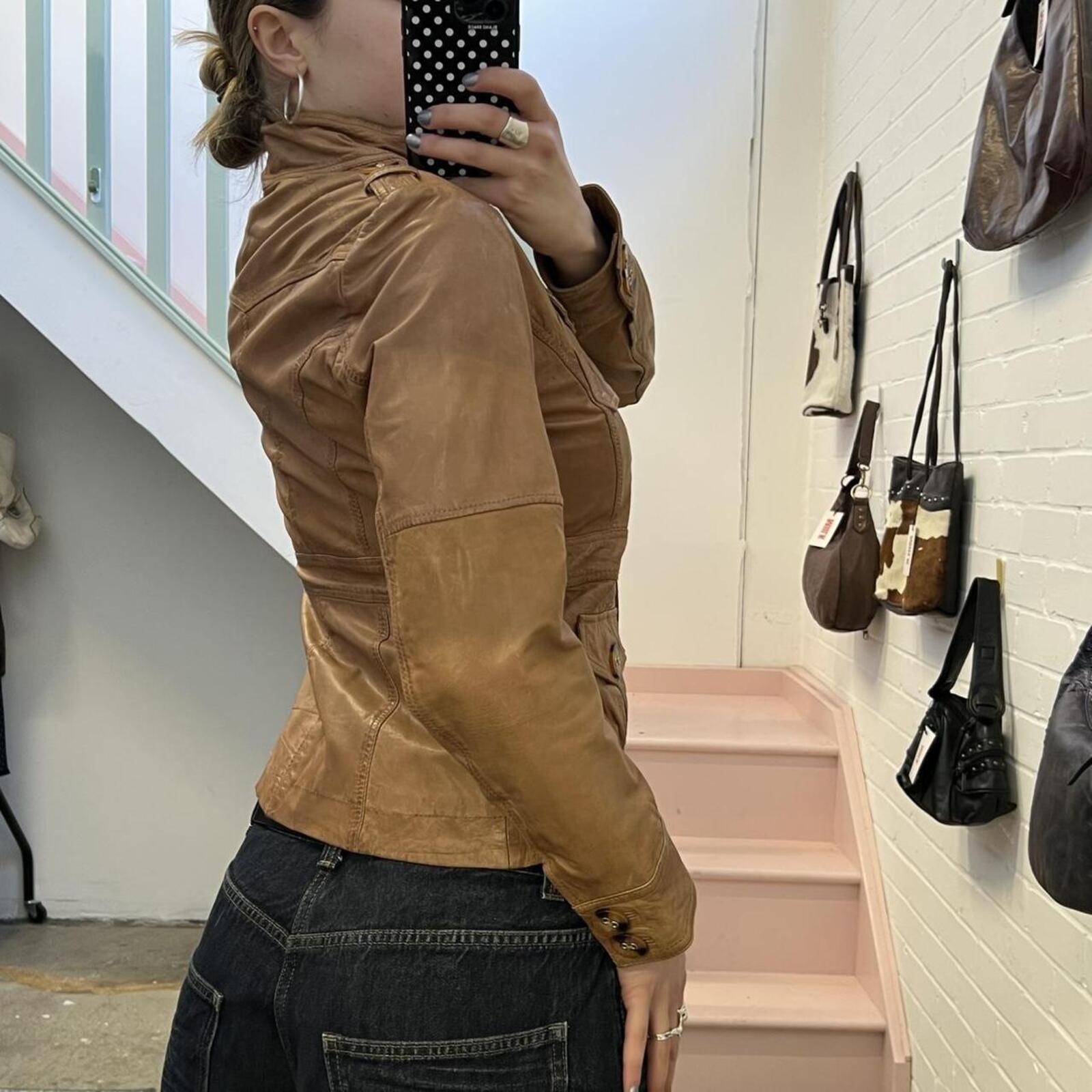 brown tan real leather fitted vintage utility style high neck jacket