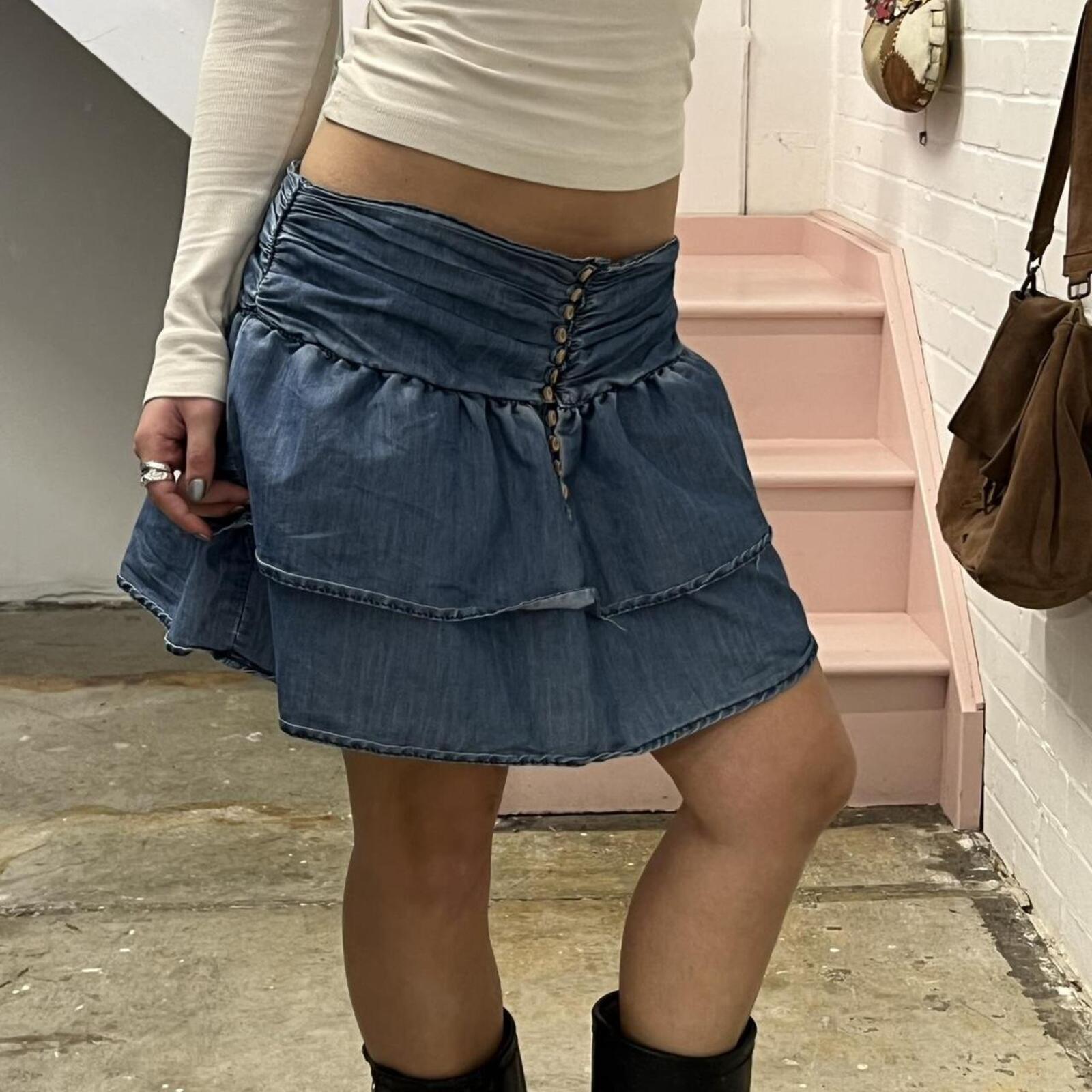 denim frilly layered vintage low rise rara skirt