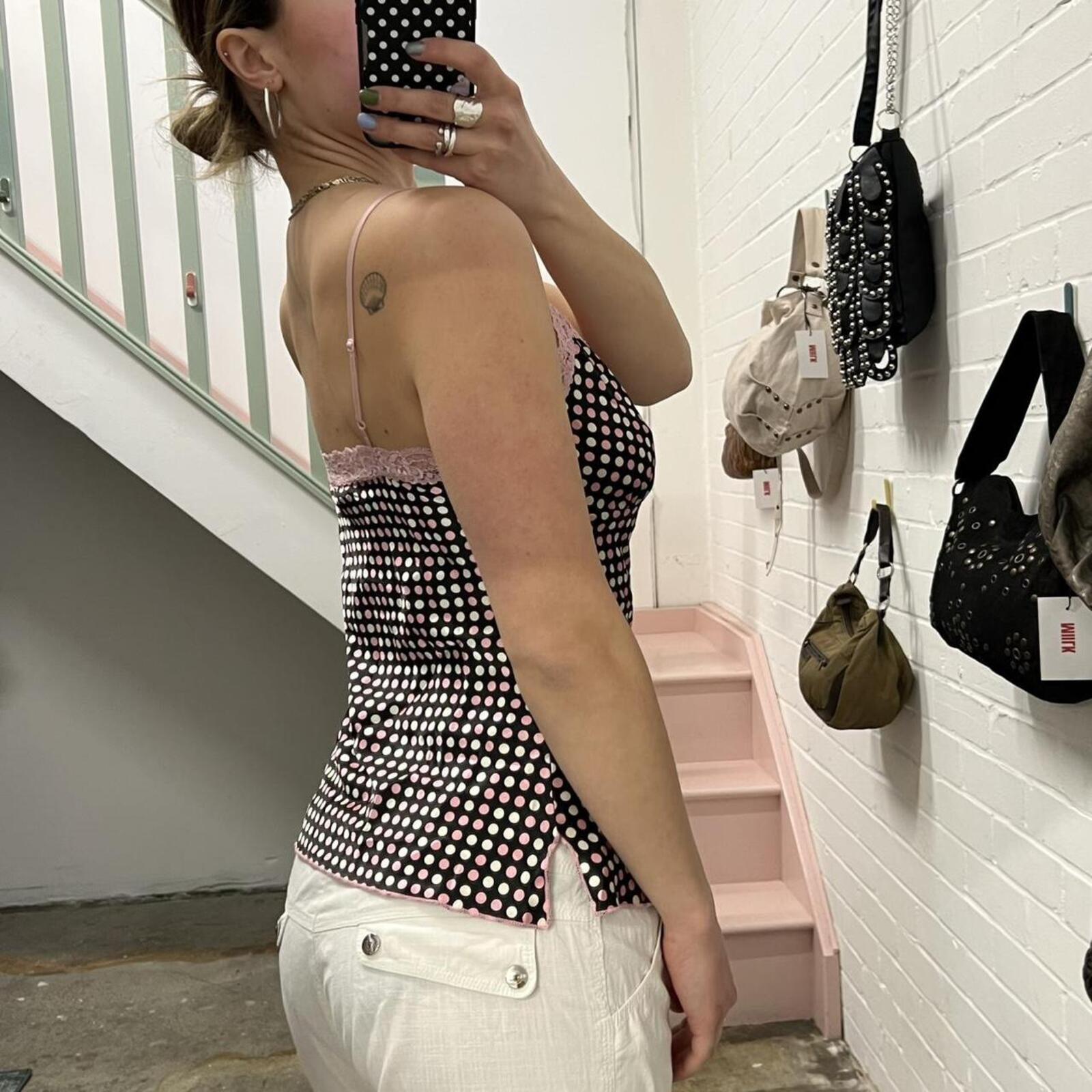 black pink and white satin polka dot lace trim vintage cami