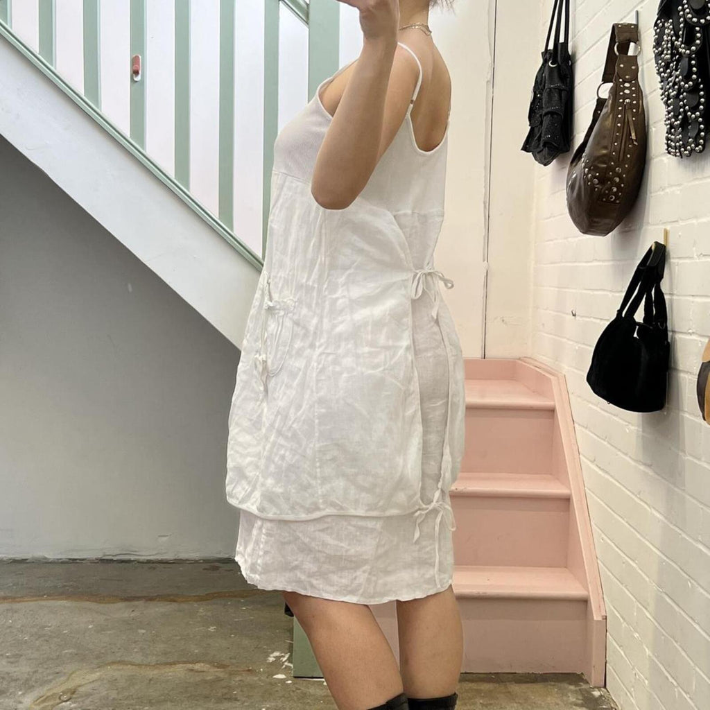 Italian vintage white linen bubble layered utility style midi dress