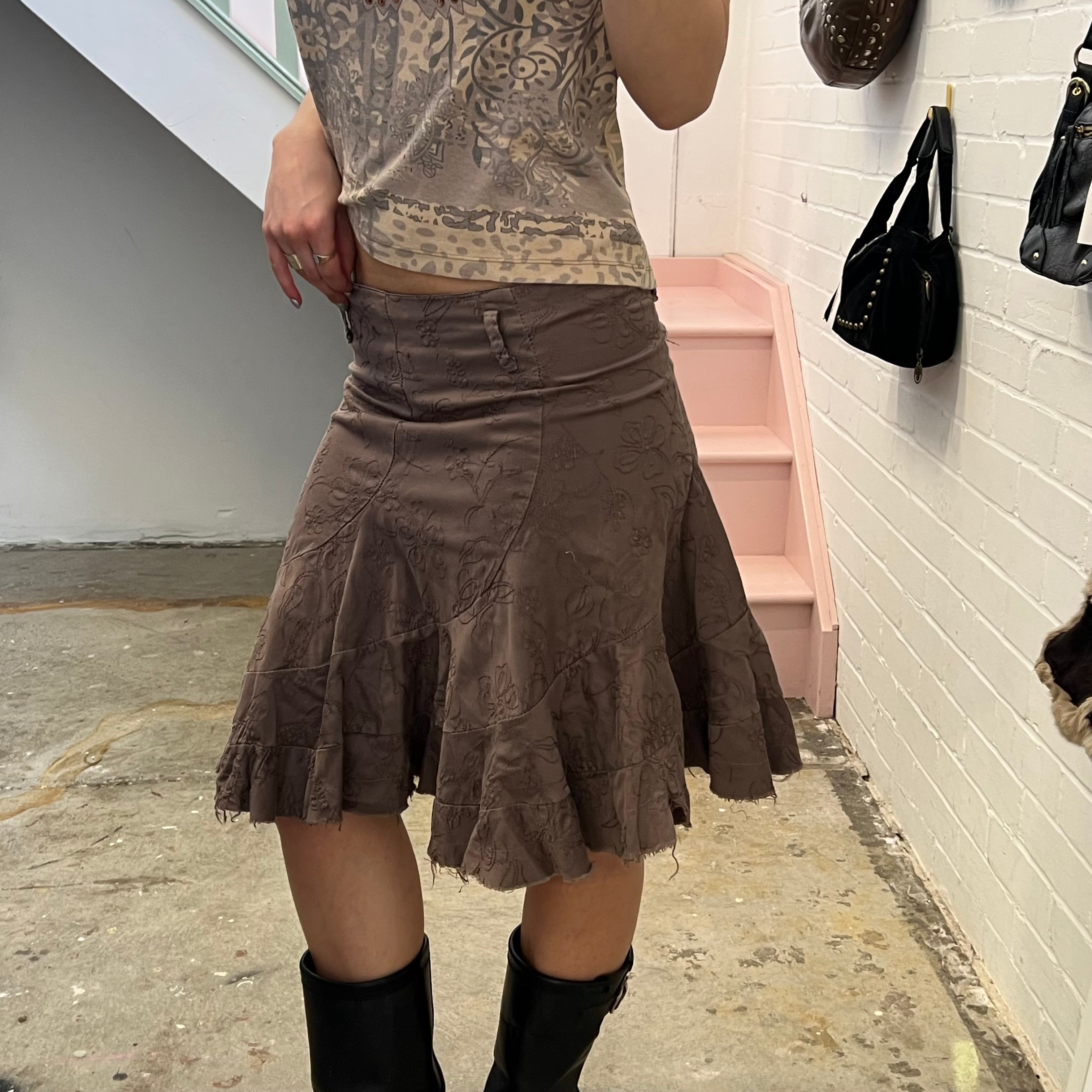 Brown embroidered flared midi skirt