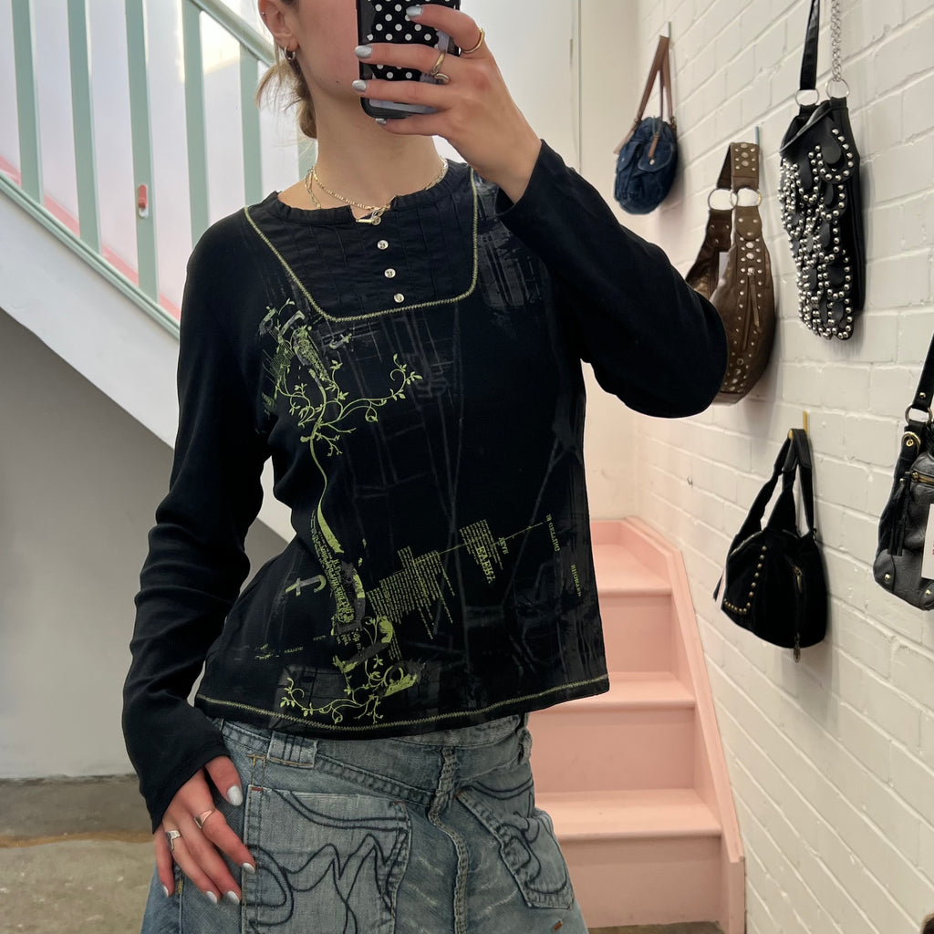 Black printed long sleeve top