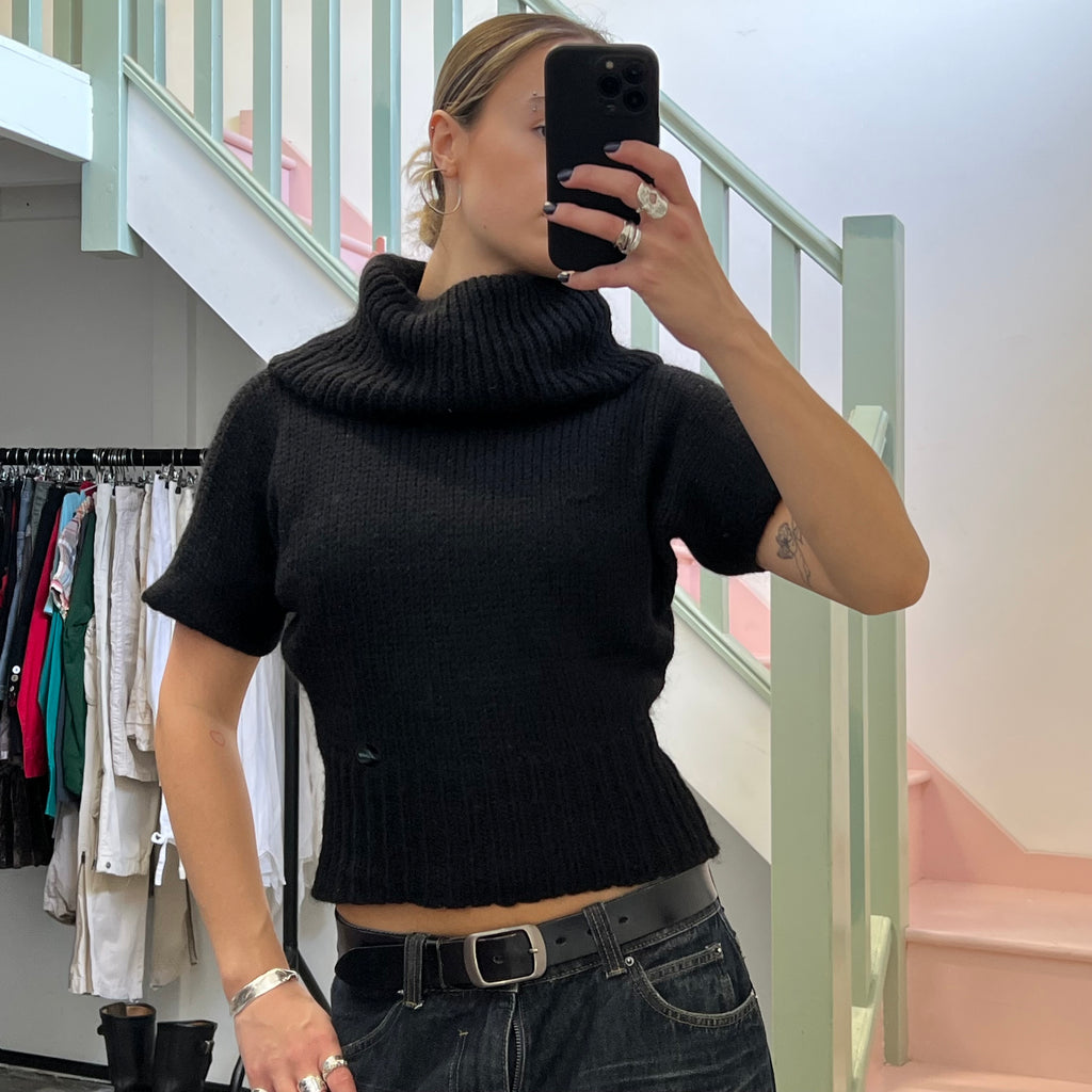 Black short sleeve roll neck batwing sweater