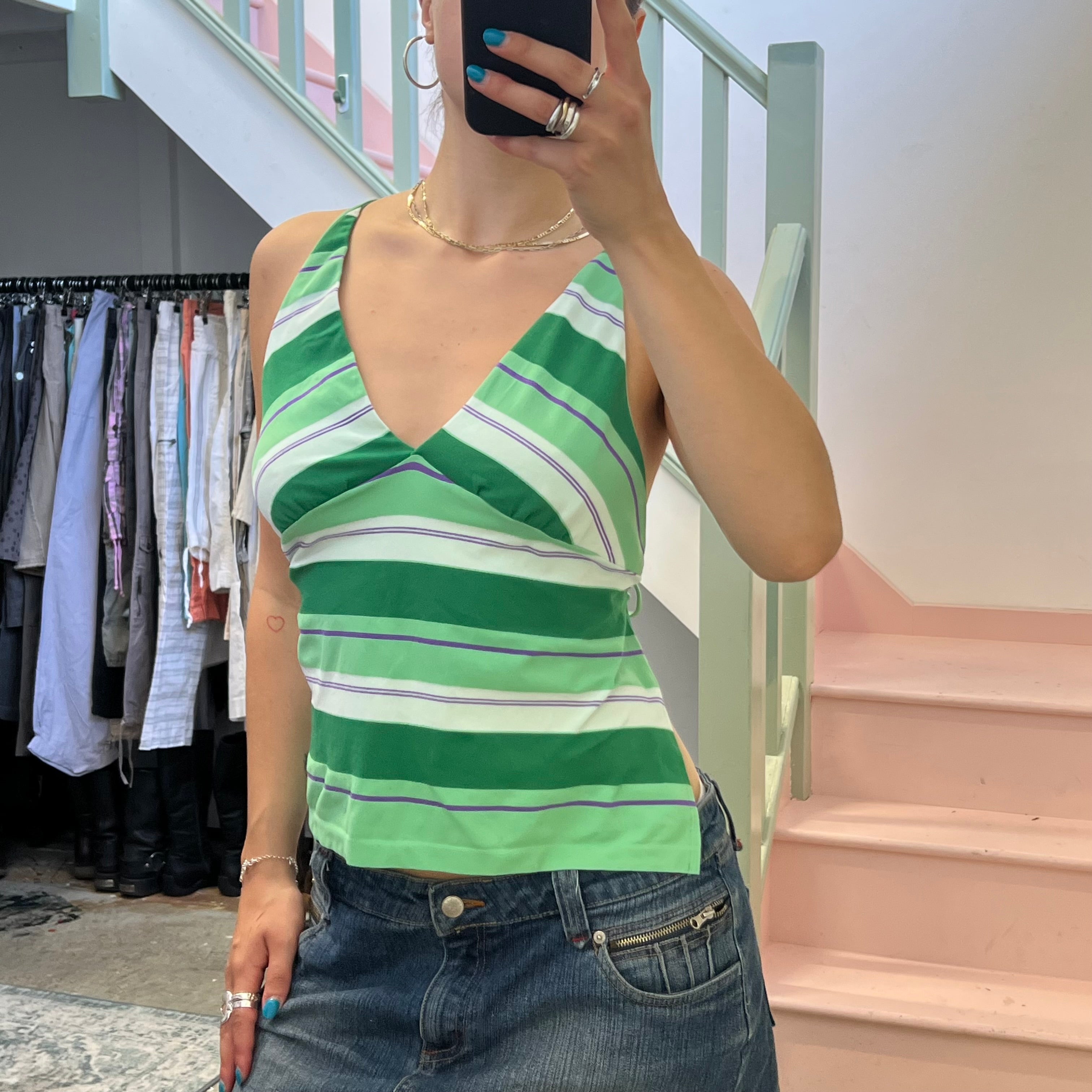 Benetton green stripe backless halter vest