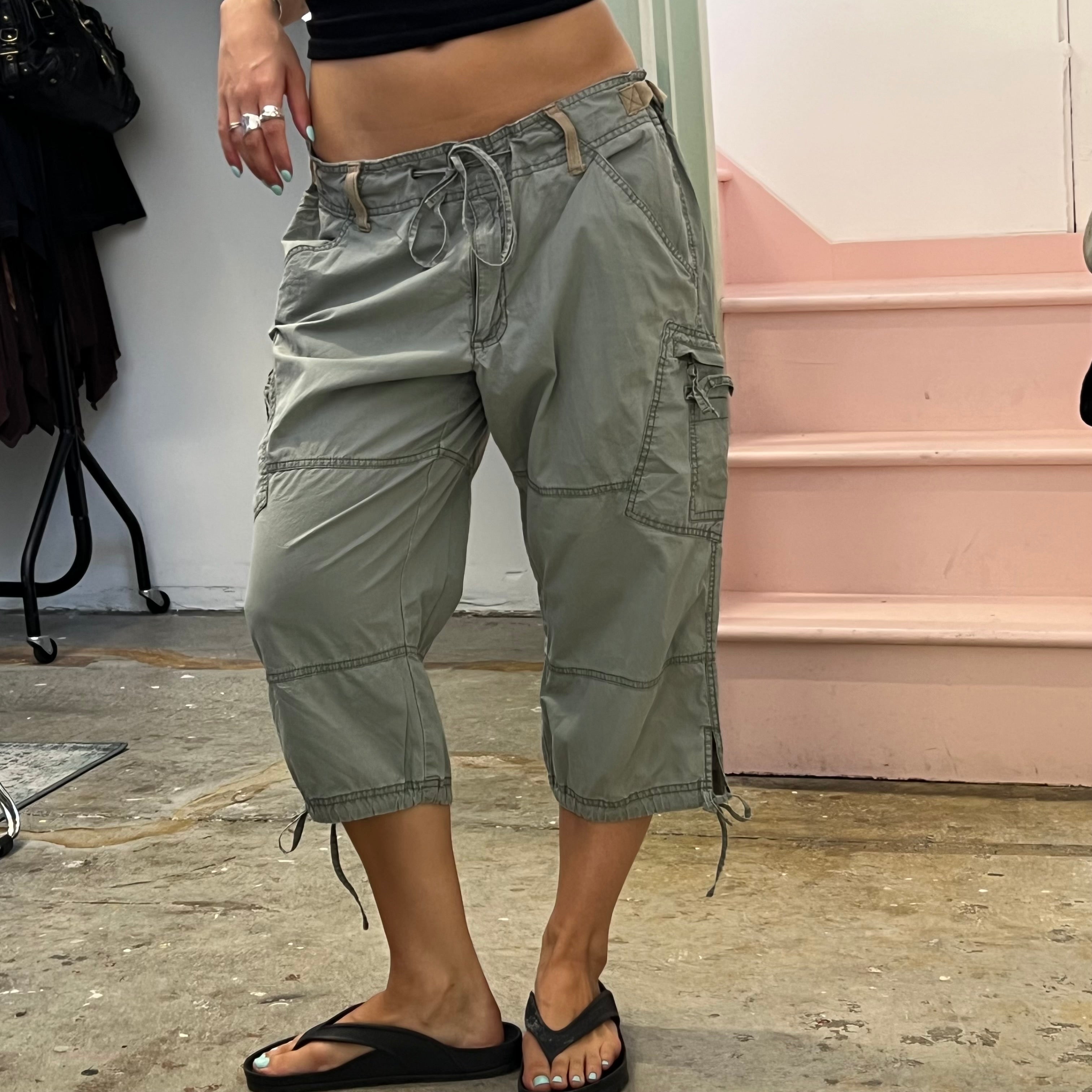 Khaki tie waist cargo capris