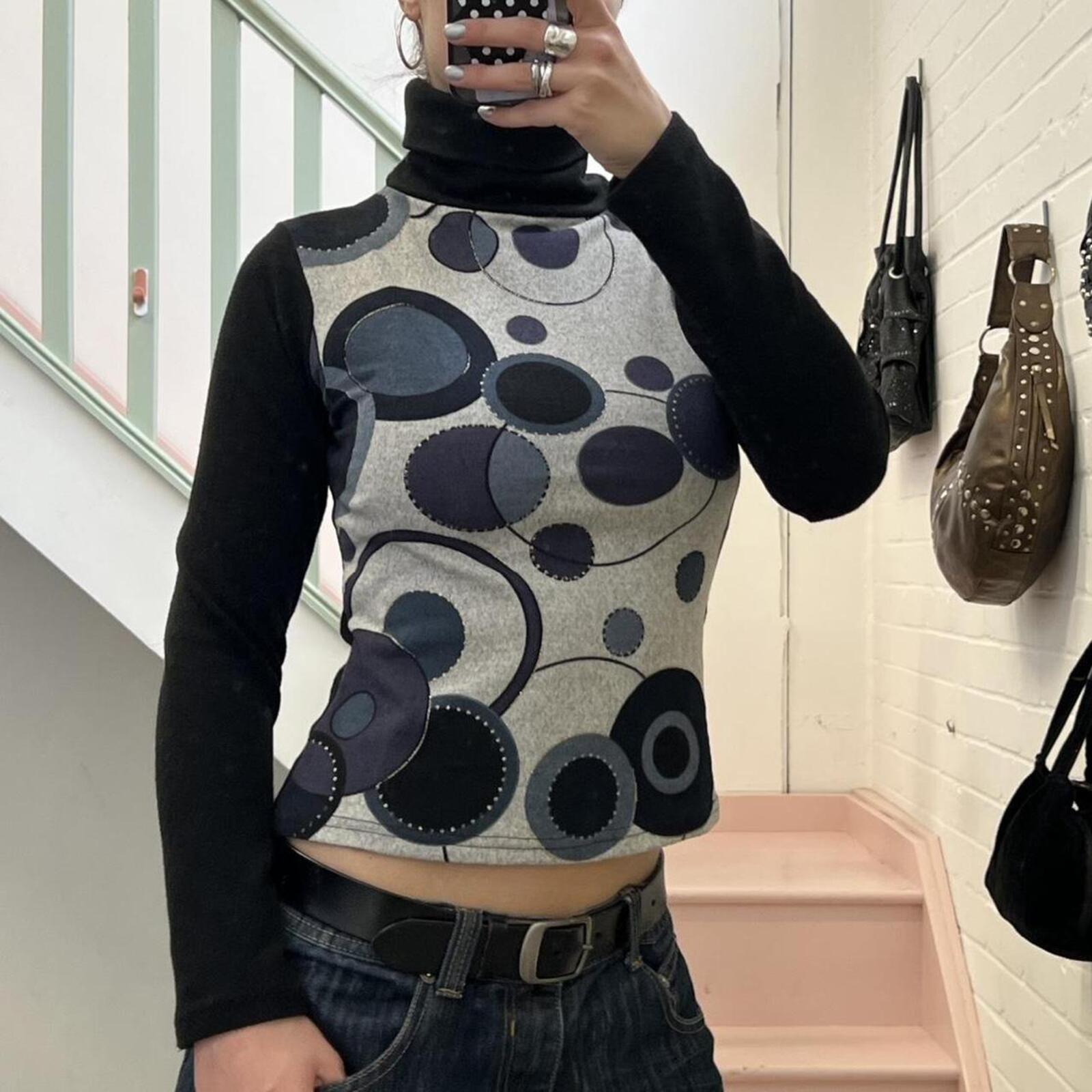 black and grey roll neck polka dot geo print vintage retro style sweater