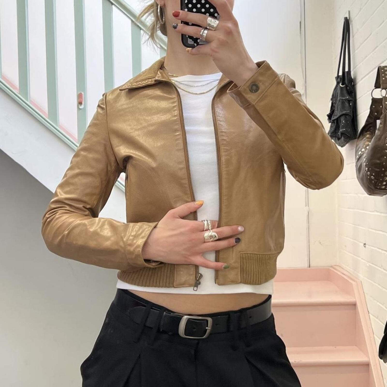 Tan brown real leather zip up fitted bomber jacket