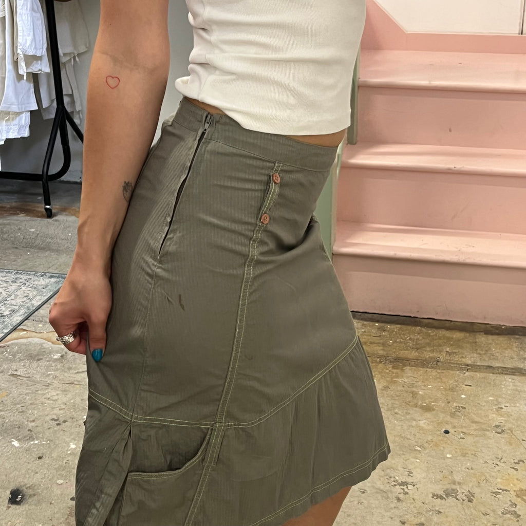 Cache pinstripe khaki cargo midi skirt