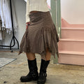 Brown ruffle patchwork asymmetrical midi skirt