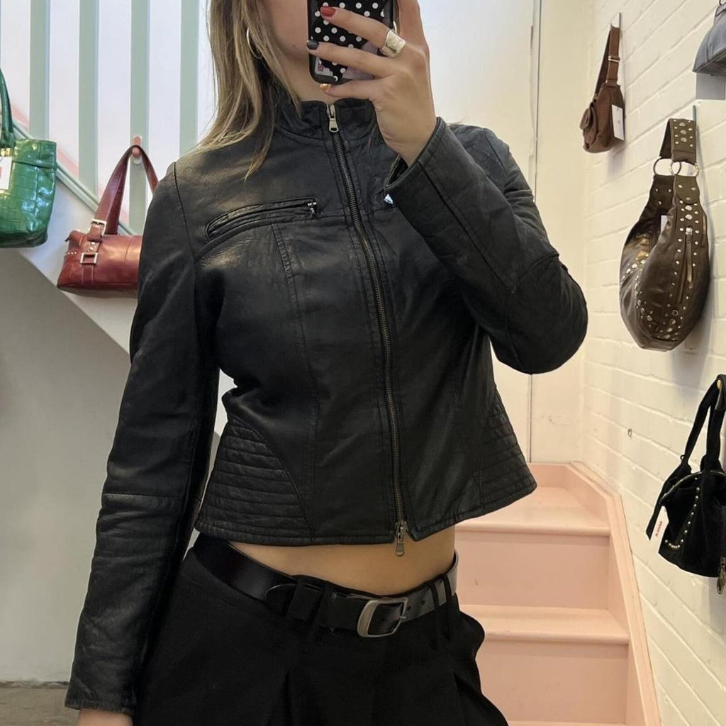 Black fitted zip up real leather vintage biker jacket with dual zip