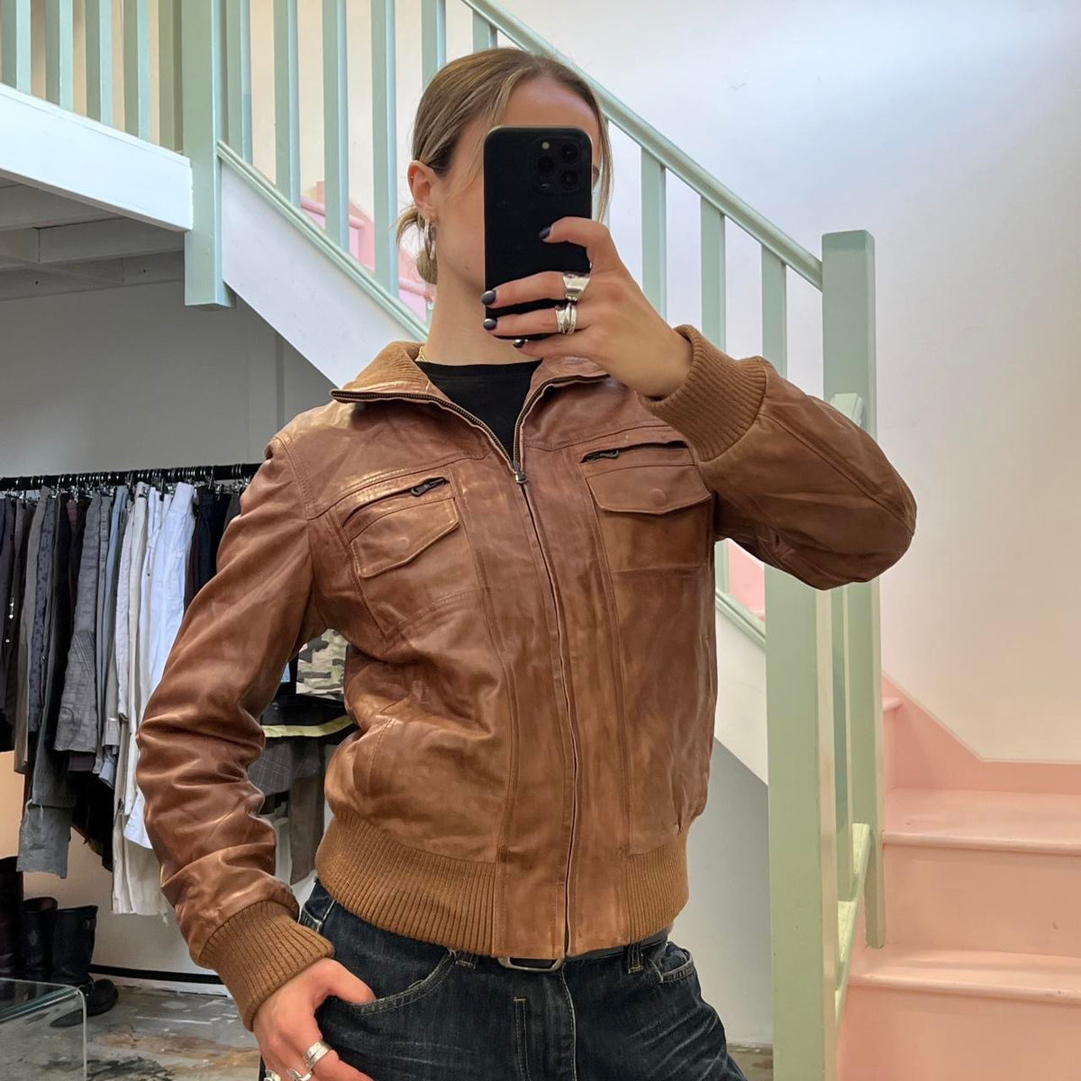 Brown zip up leather bomber jacket