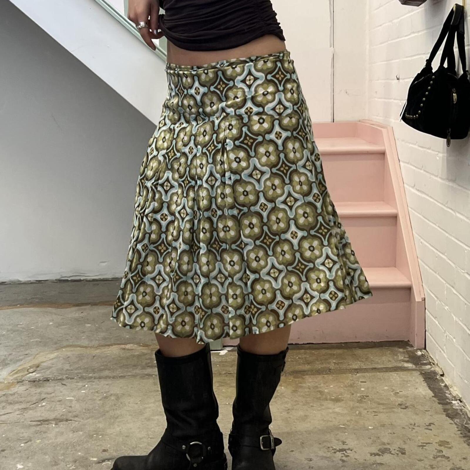 green and brown geo print pleated cotton vintage midi skirt