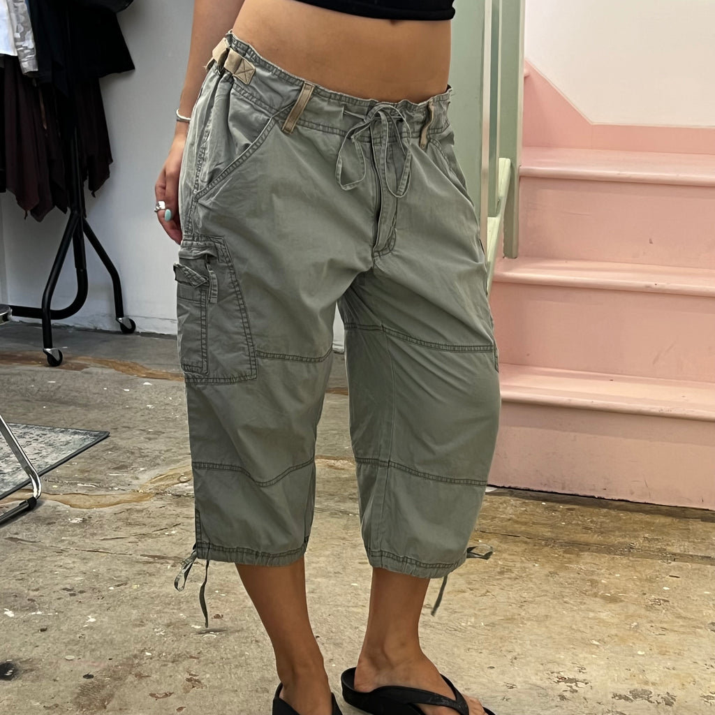 Khaki tie waist cargo capris