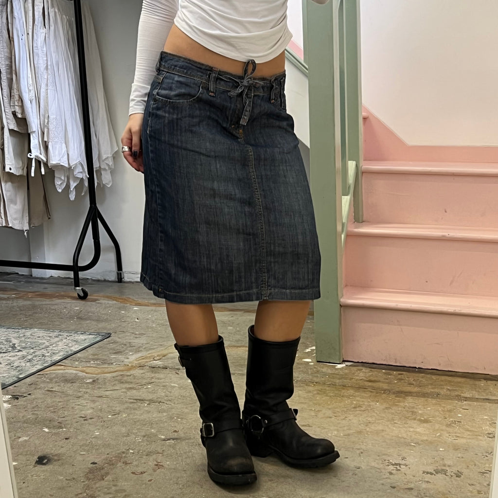 Dark wash denim tie waist midi skirt