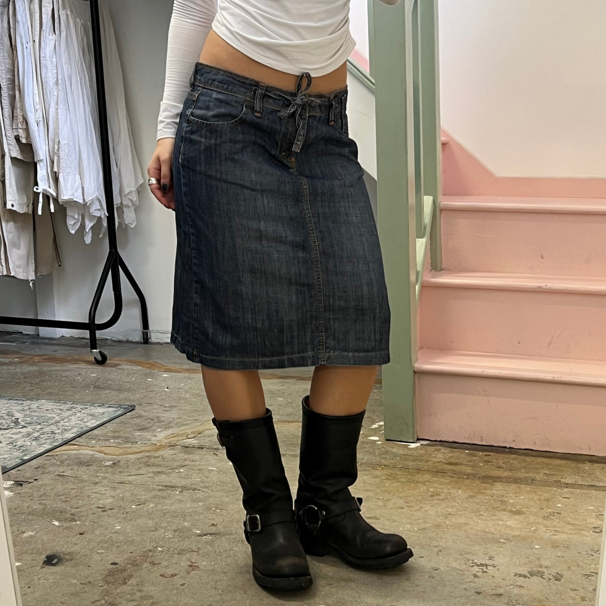 Dark wash denim tie waist midi skirt