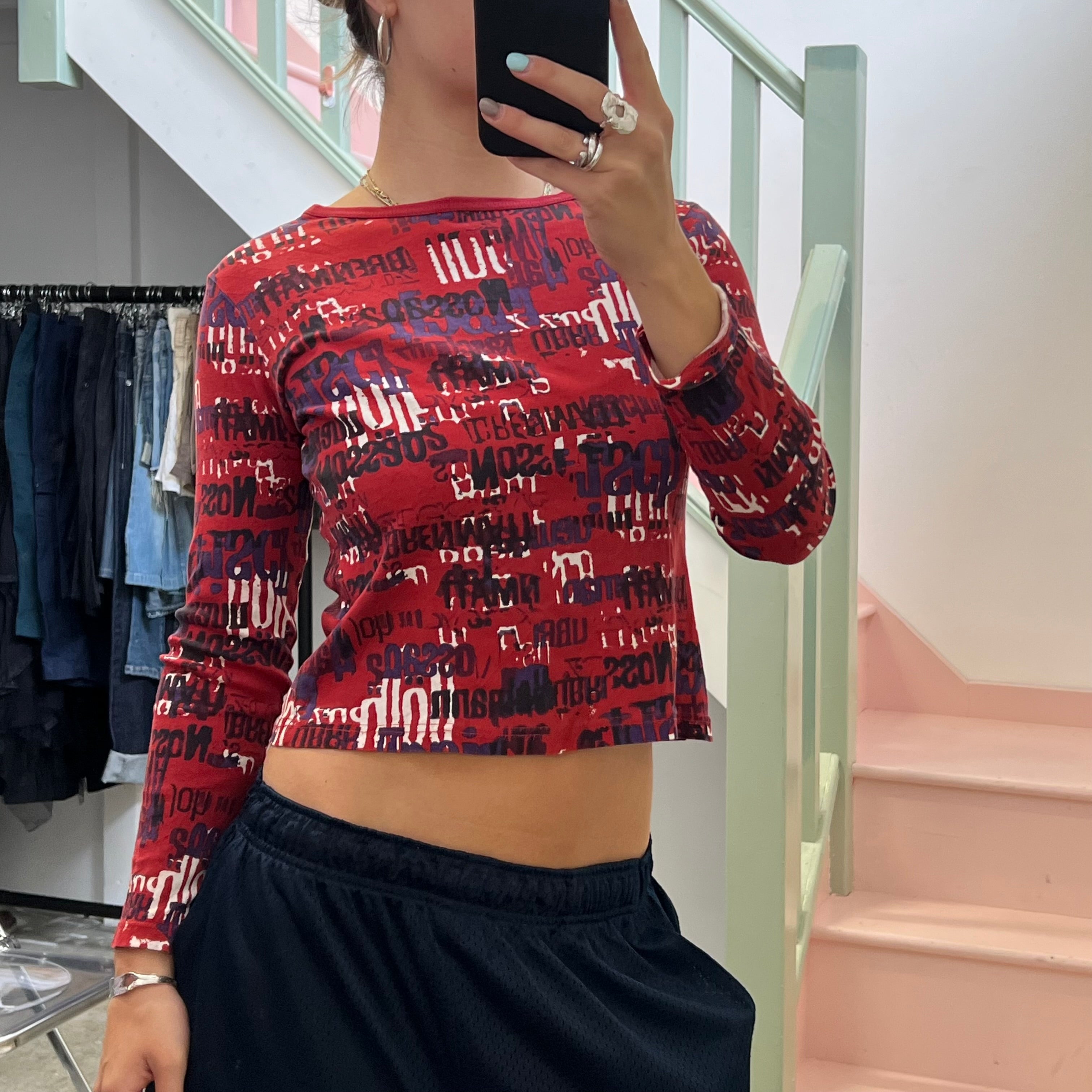 Red and purple graphic print top