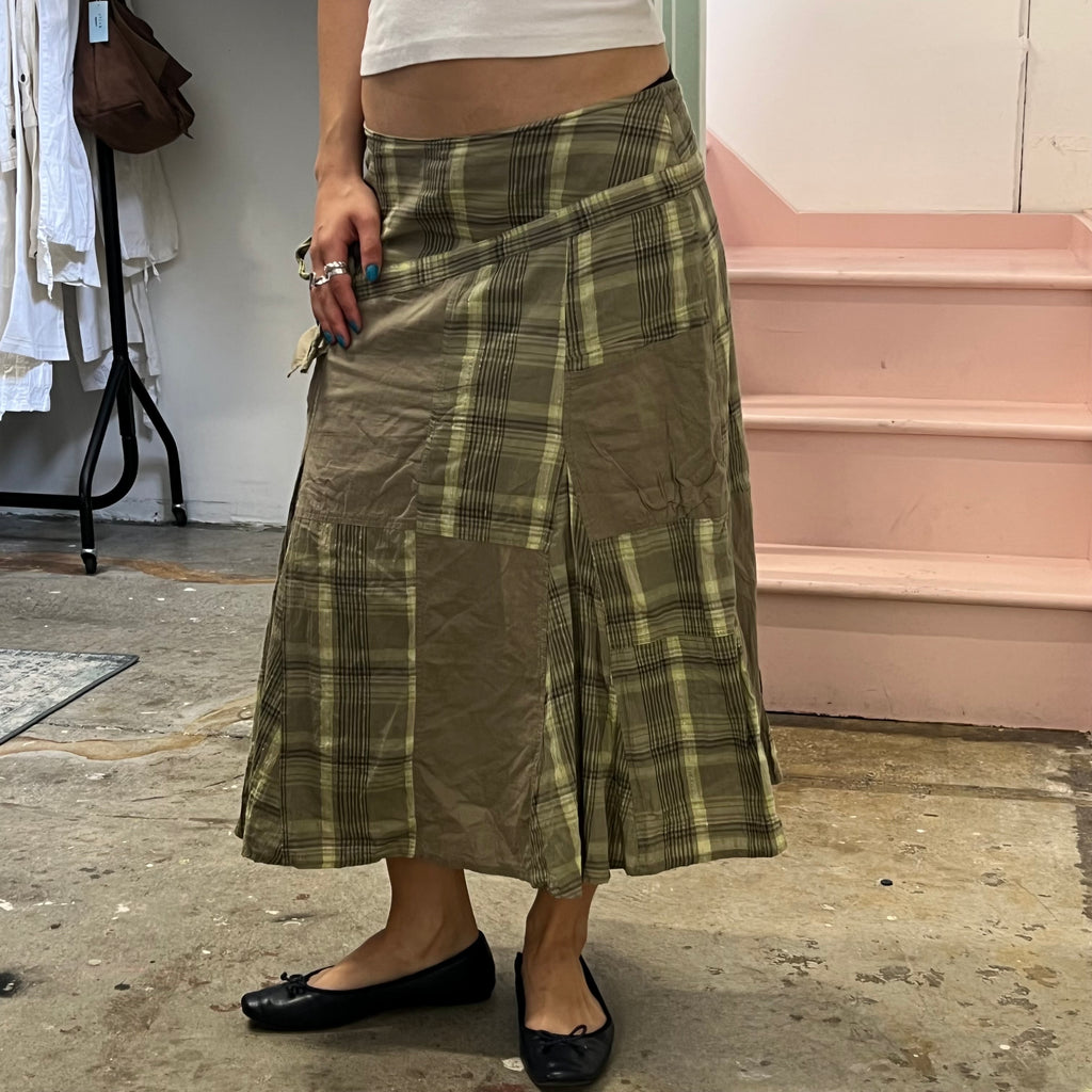 Green and khaki checkered patchwork maxi skirt