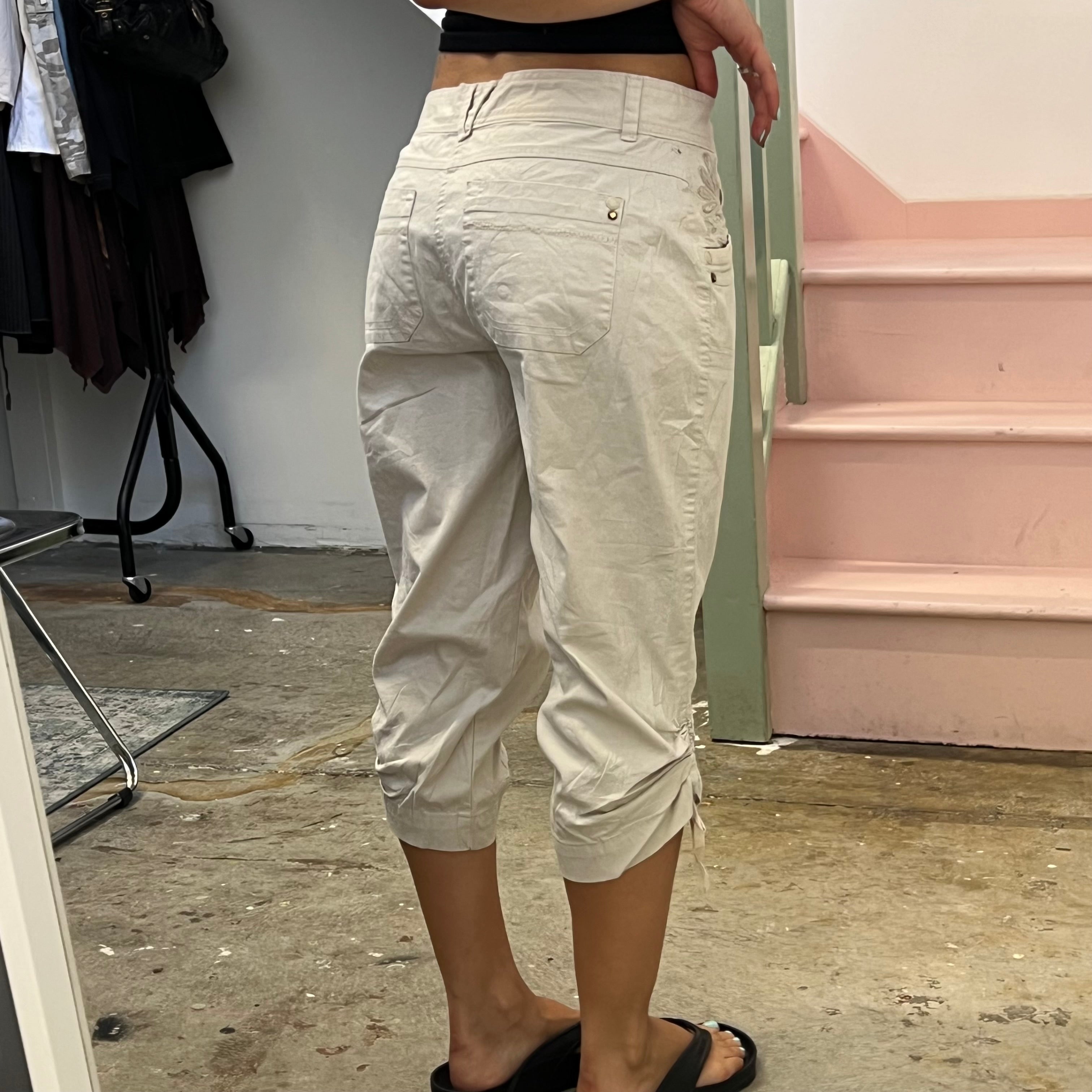 Cream embroidered ruched cargo capris