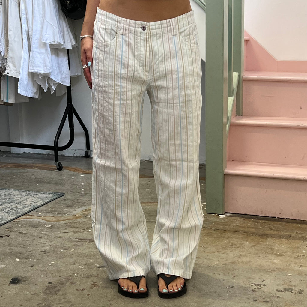 White and multi colour stripe trousers