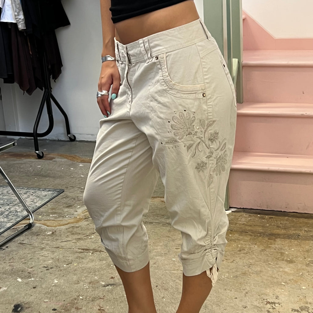 Cream embroidered ruched cargo capris