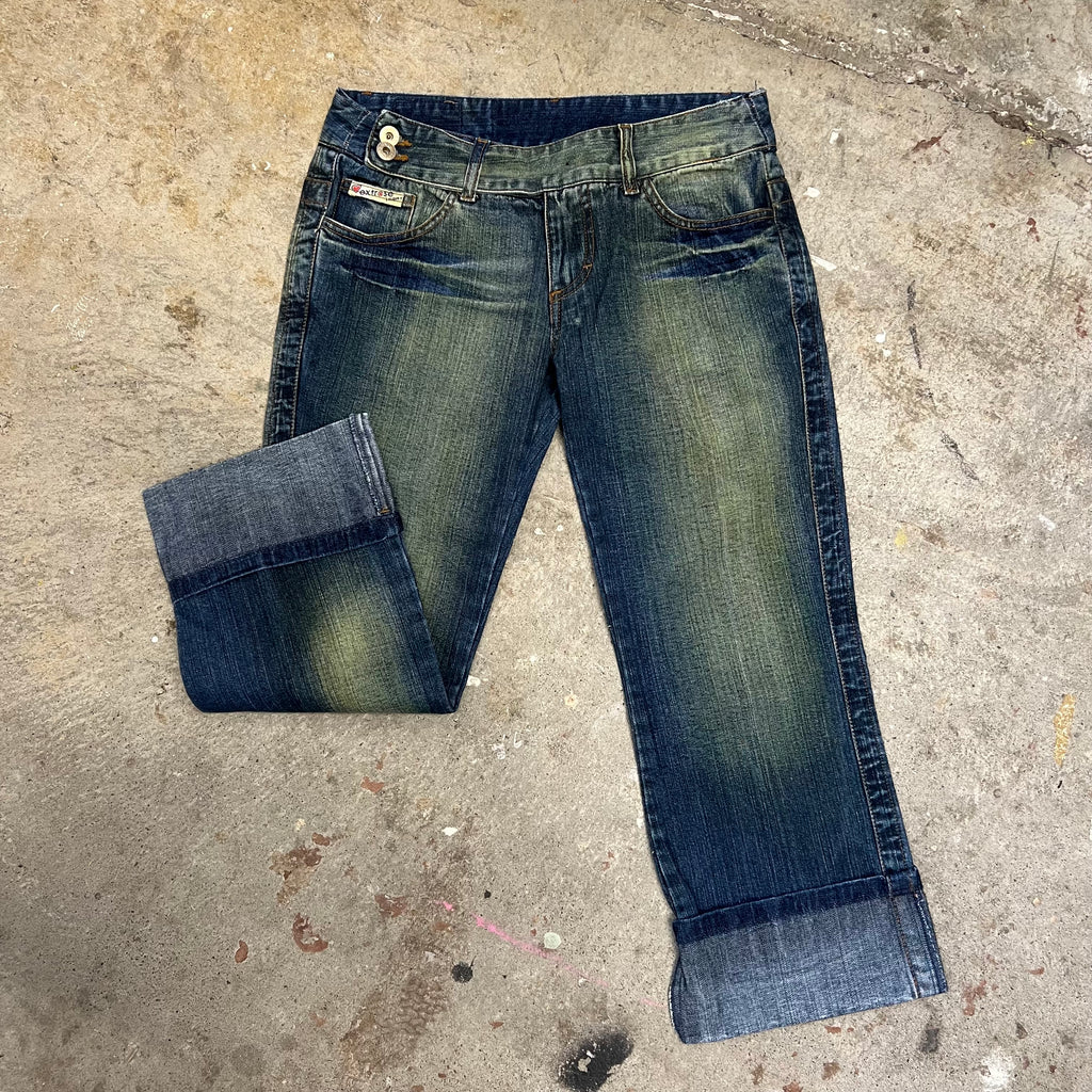 Dark acid wash fold hem denim capris