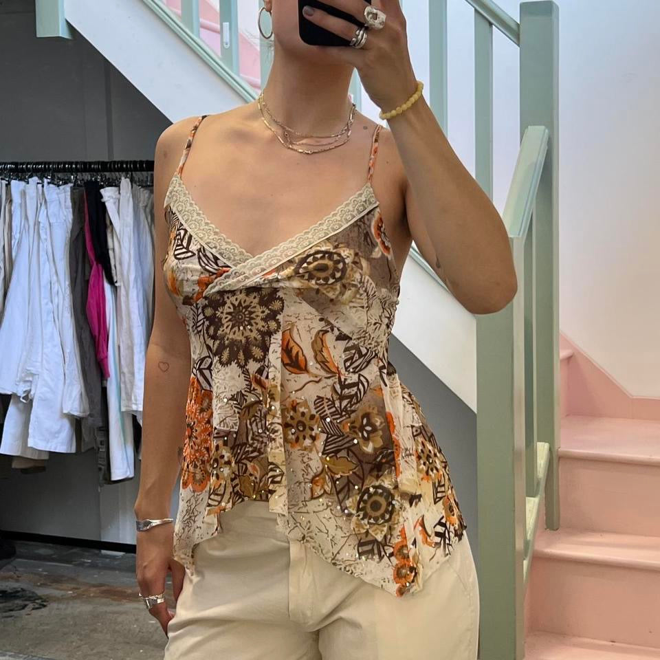 Brown and orange mesh printed cami