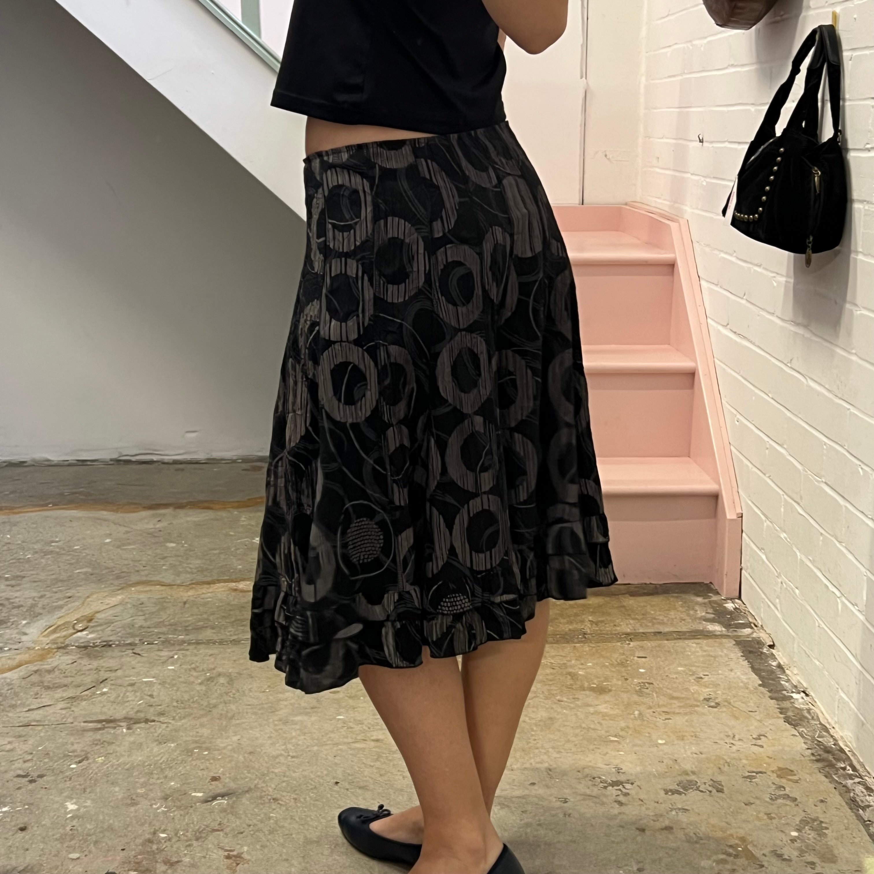 Black and grey polka dot geo print crinkle floaty midi skirt