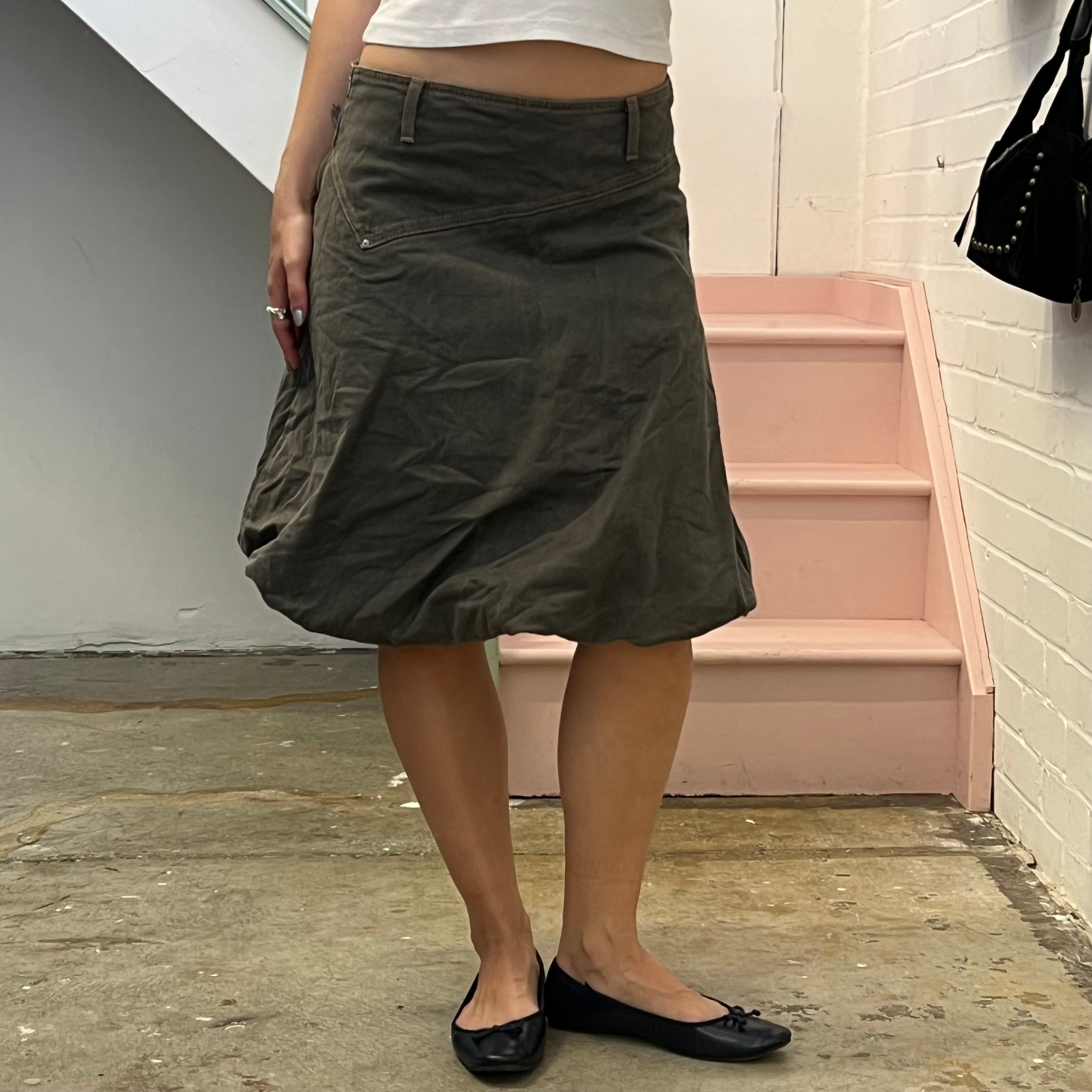 Benetton khaki denim bubble hem midi skirt
