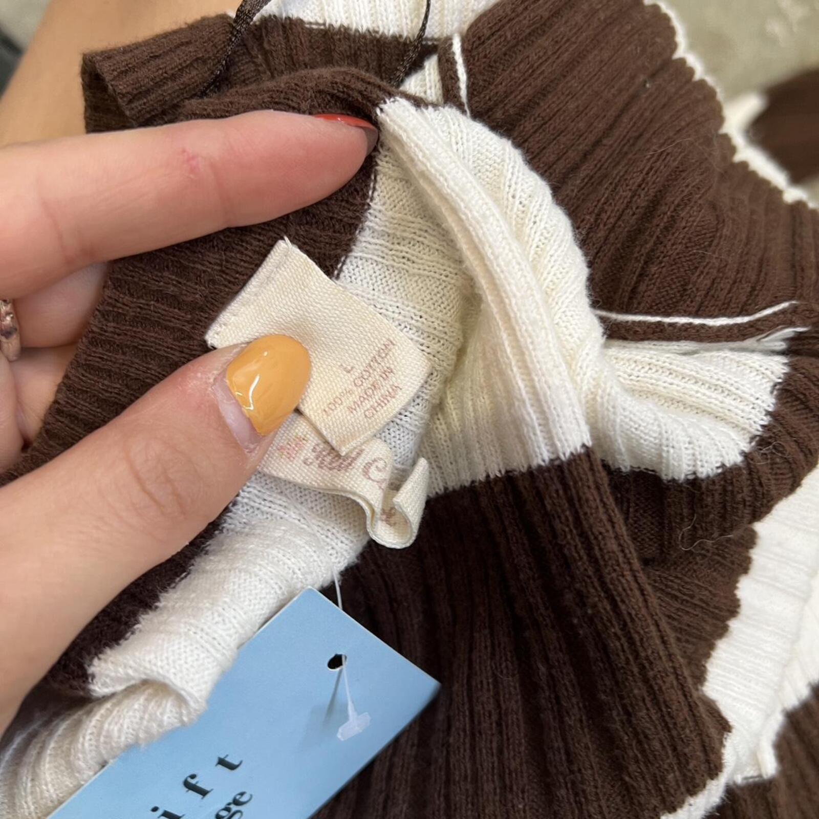 White and brown striped ribbed v neck sweater