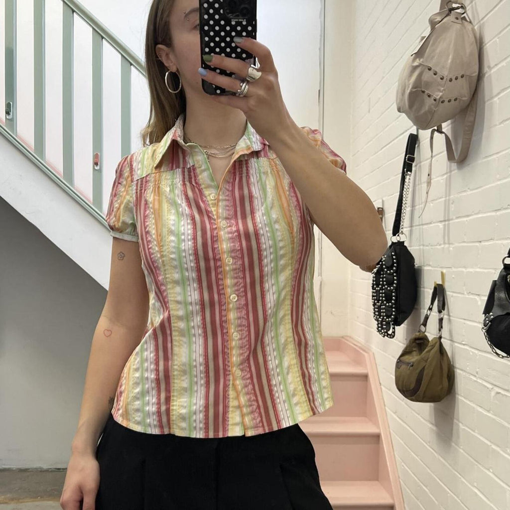 Multicolour striped fitted vintage short sleeve shirt