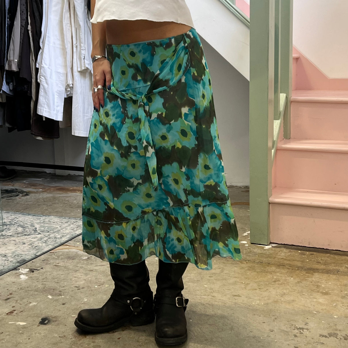 Turquoise printed floral maxi skirt