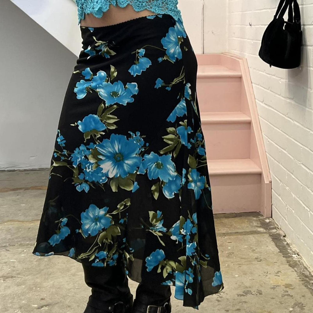 blue and black floral low rise vintage floaty maxi skirt