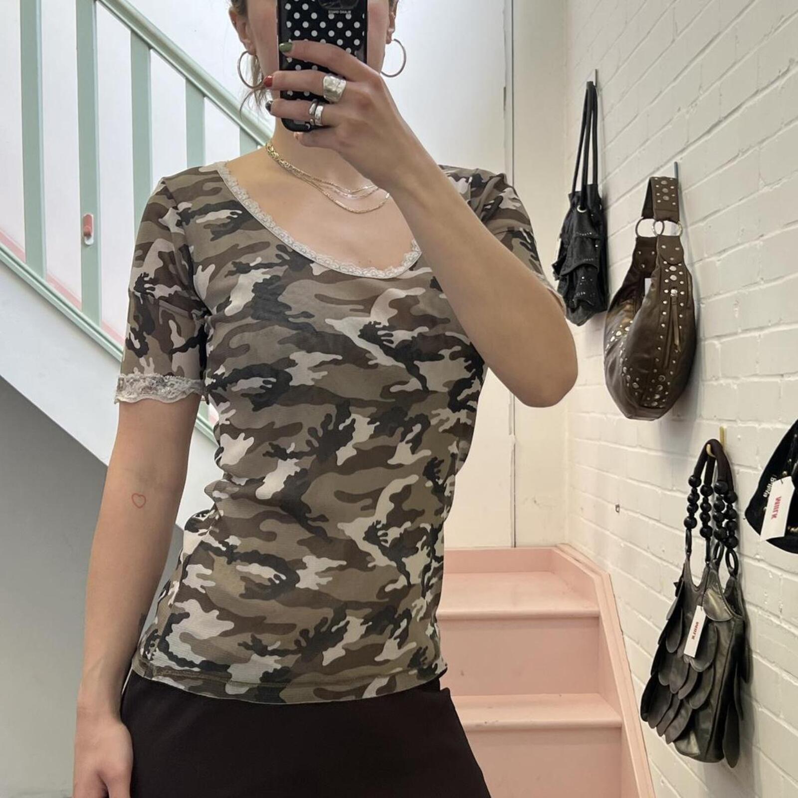 Khaki mesh camo print lace trim fitted vintage top