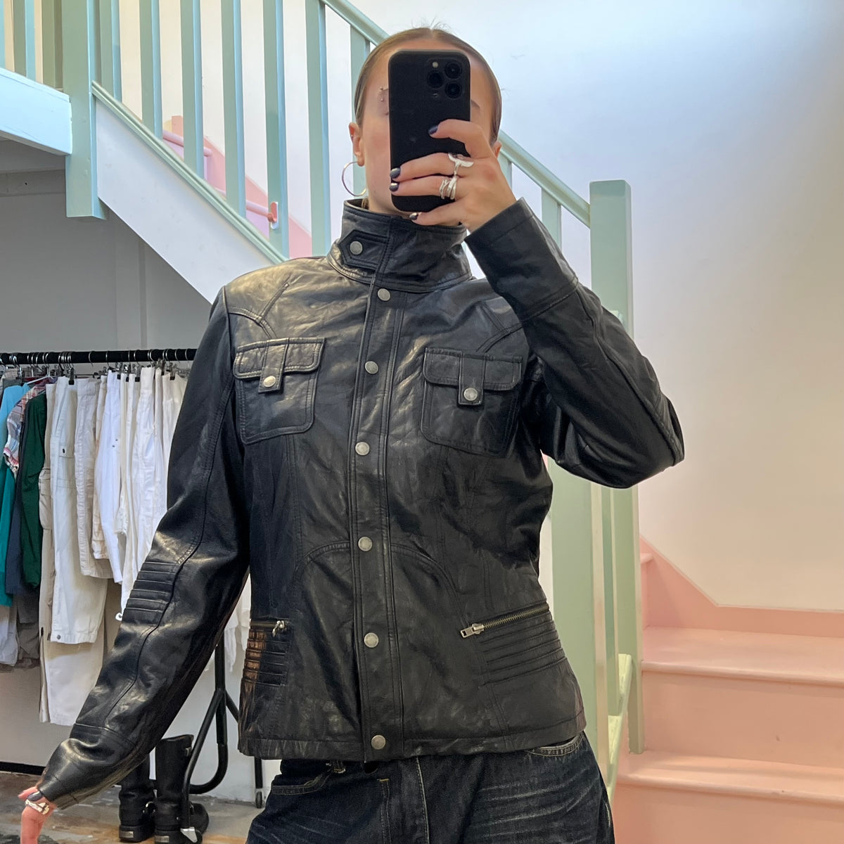 Black leather button up utility jacket