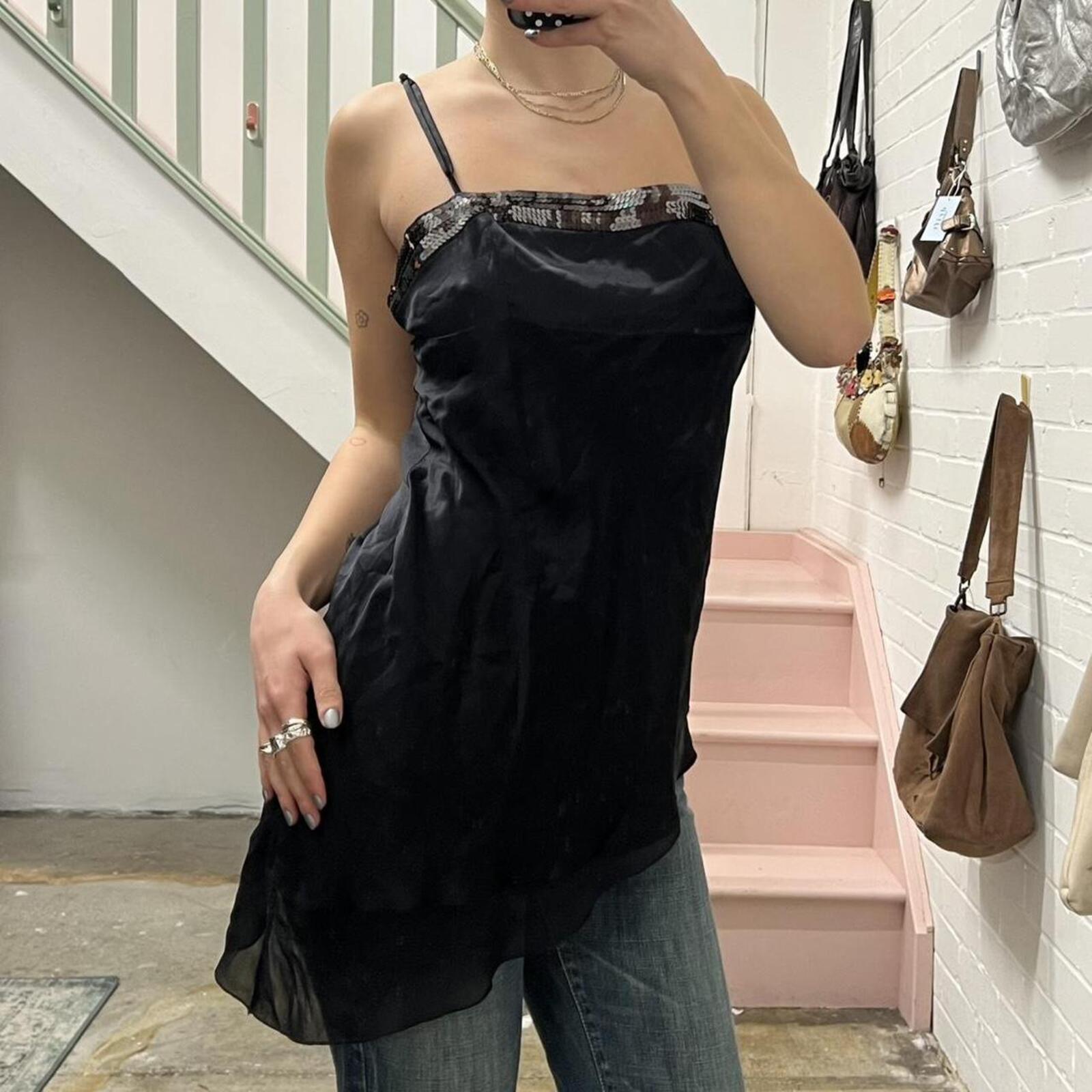 Black silk vintage asymmetrical long cami / dress perfect for layering