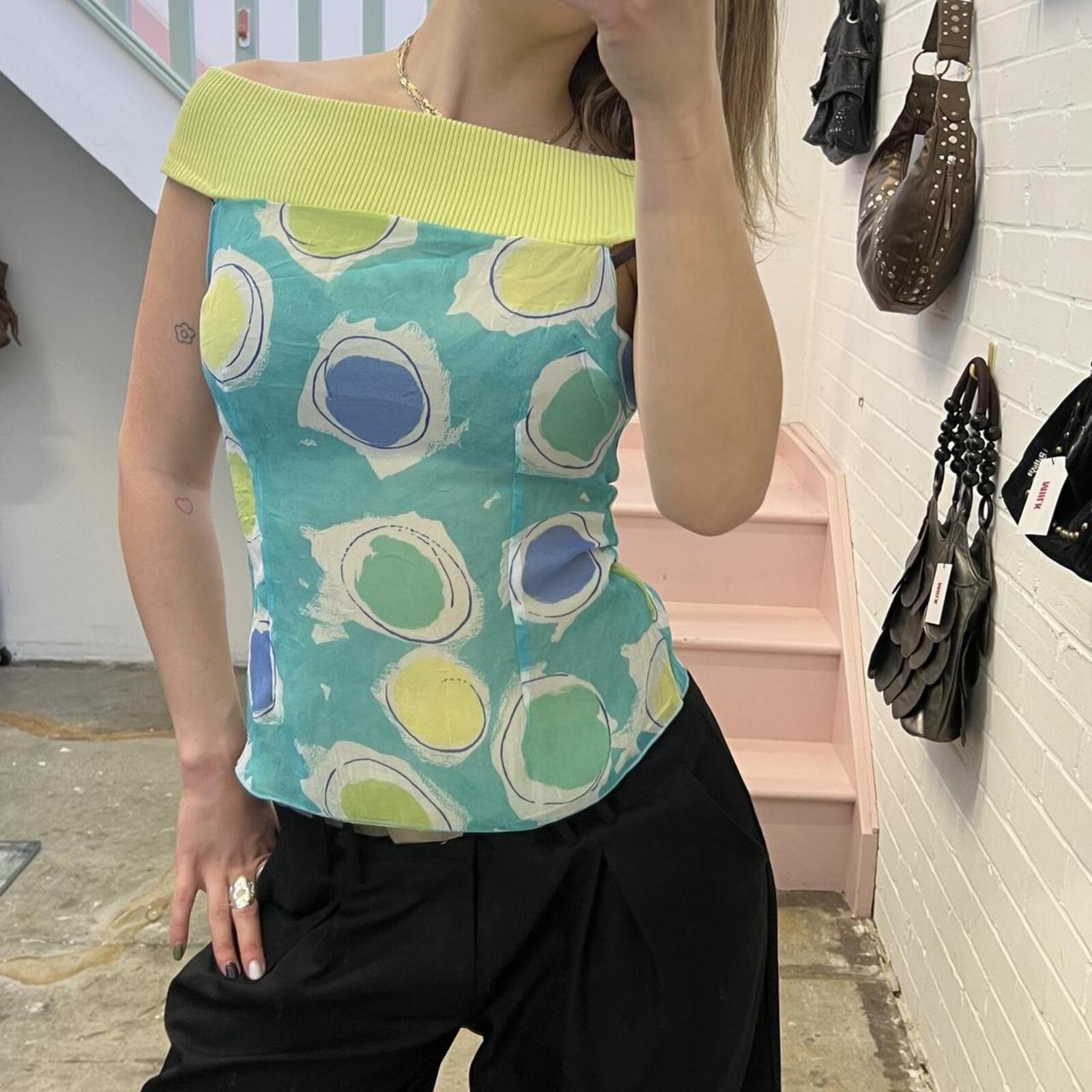 Teal and green polka dot off shoulder vintage vest top