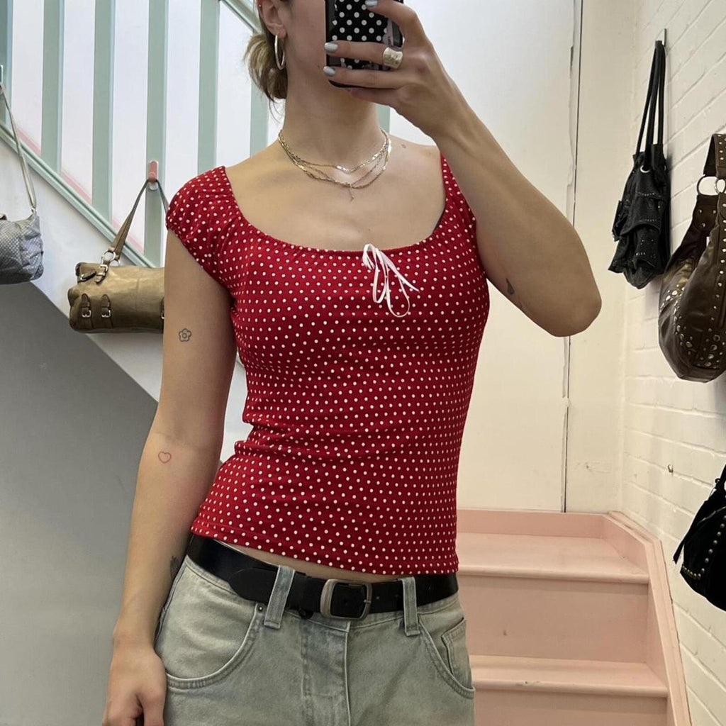 Red and white polka dot scoop neck milkmaid style vintage baby tee