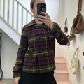 purple and green checkered gingham button up wool peacoat