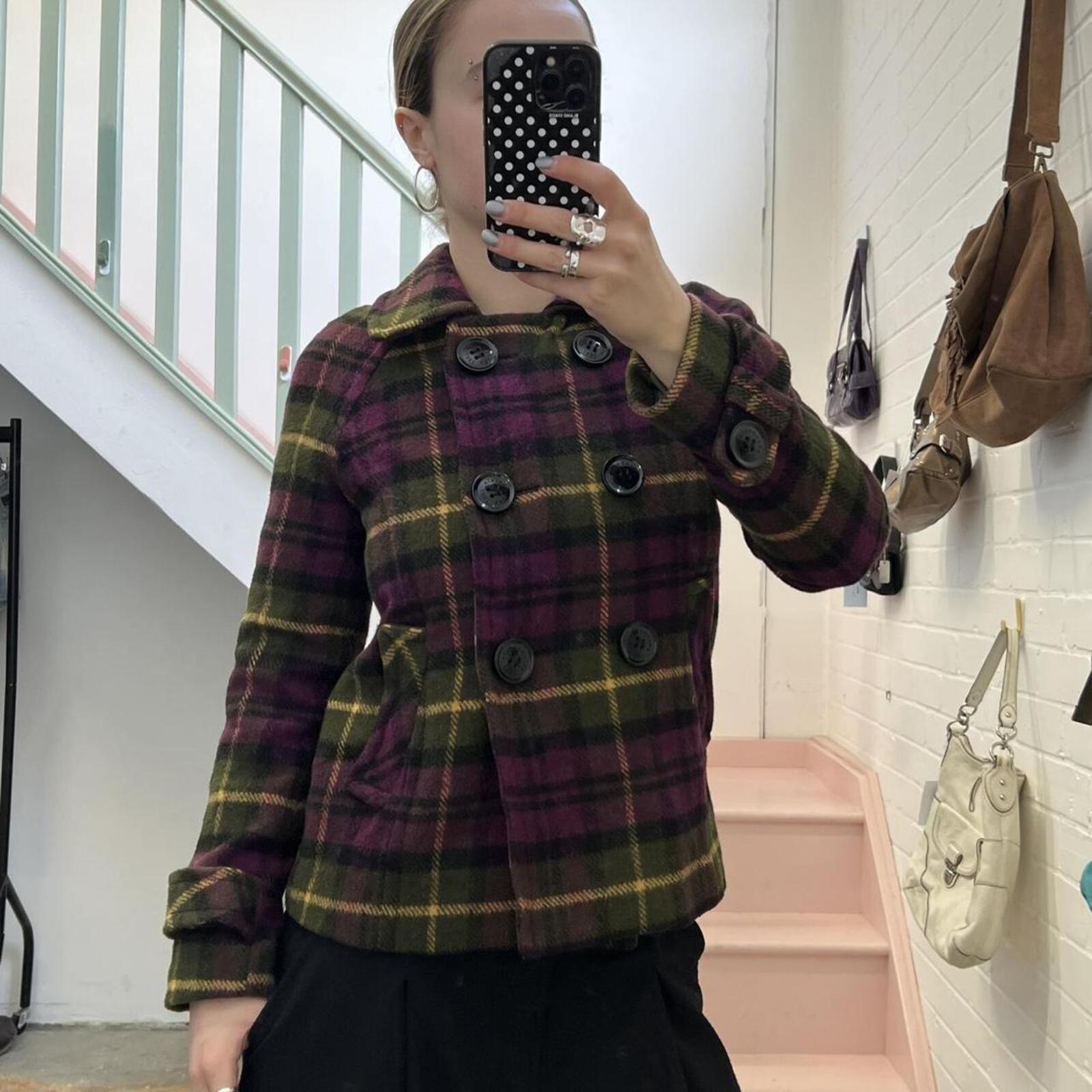 purple and green checkered gingham button up wool peacoat