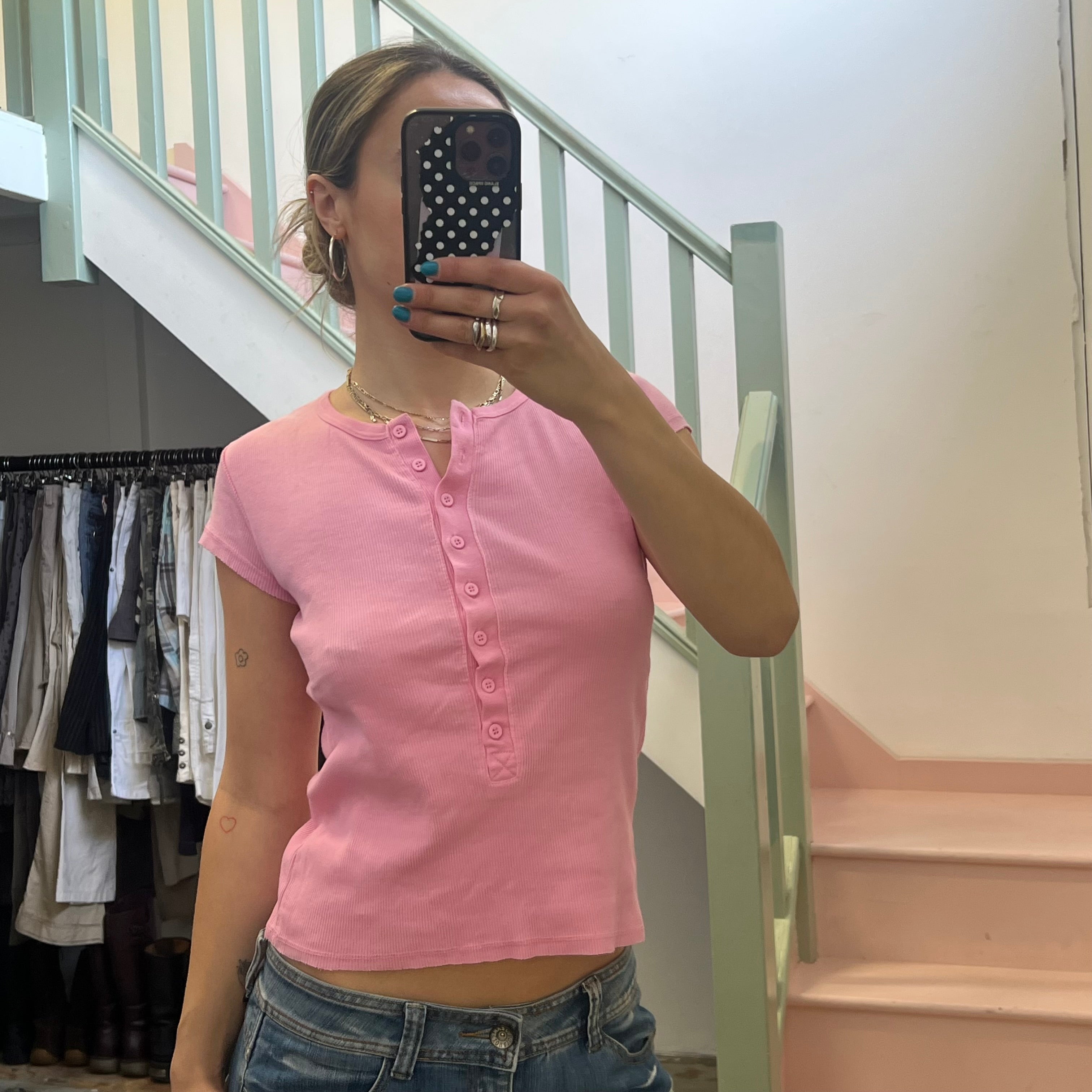 Pink ribbed button up tee