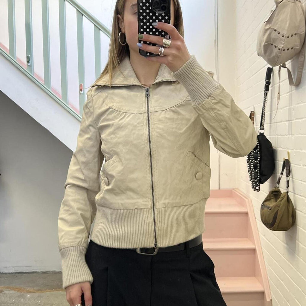 cream suede leather fitted vintage bomber jacket