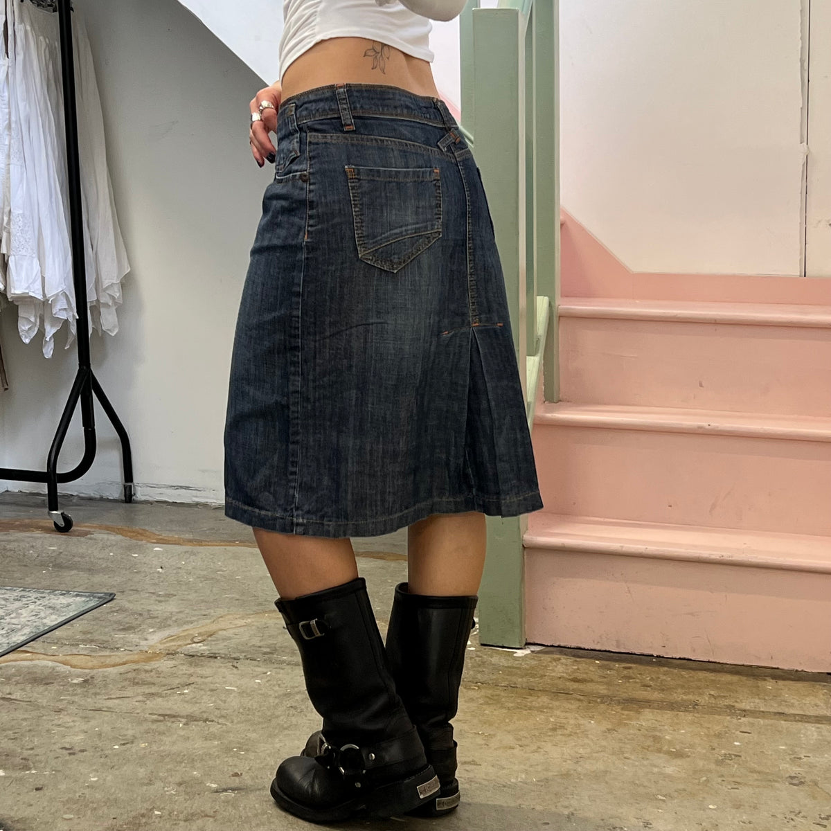 Dark wash denim tie waist midi skirt