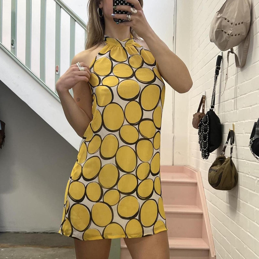 Yellow polka dot geo print halter neck vintage slip dress